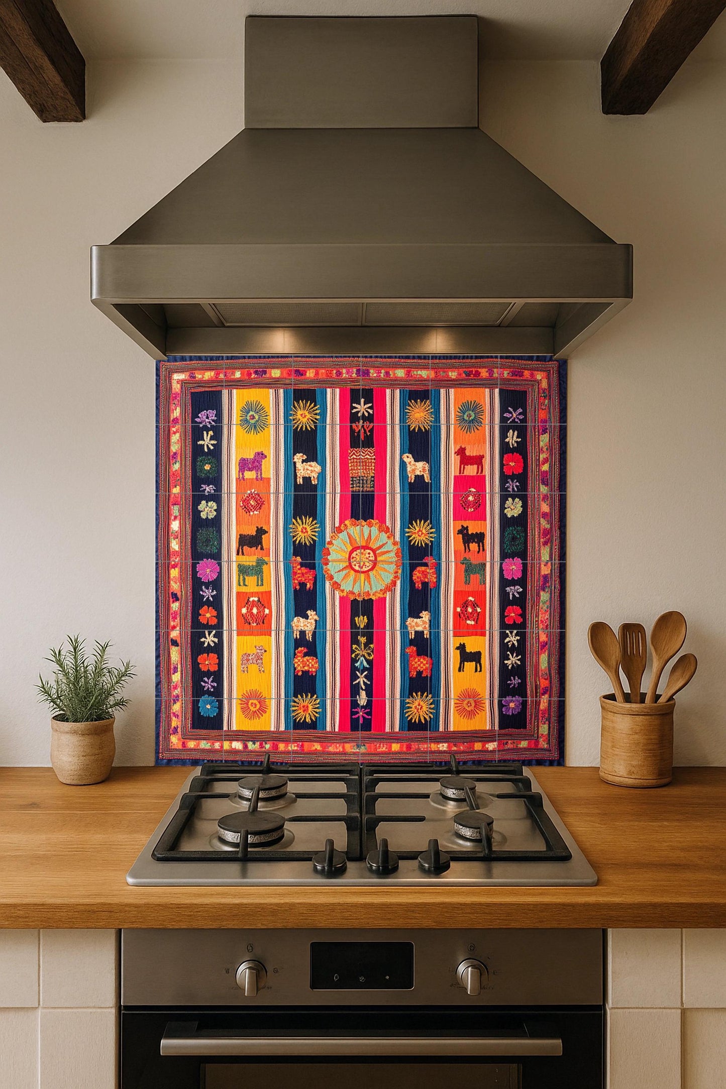 Ceramic mural from Otavalo, Ecuador: Tile art inspired by Andean textiles with llamas, solar motifs and colorful symmetry.