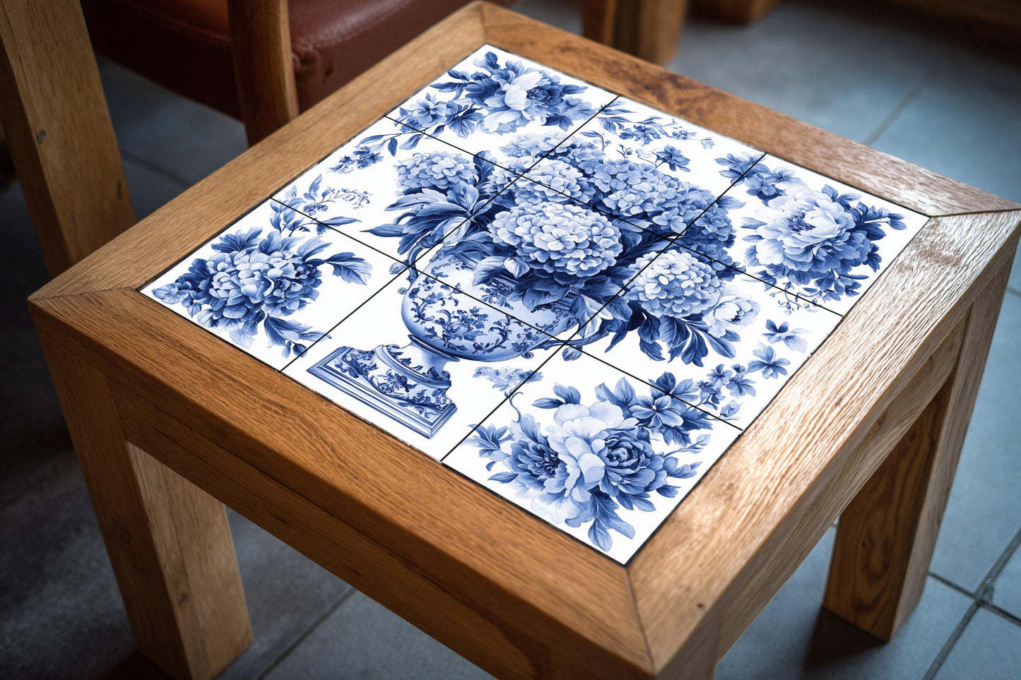 Delft Blue Ceramic Mural: Tile panel with an ornamental floral vase with hydrangeas and peonies, classic European decorative wall art.