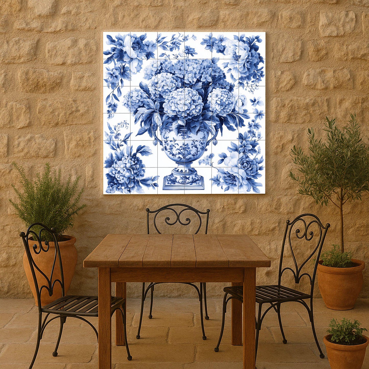 Delft Blue Ceramic Mural: Tile panel with an ornamental floral vase with hydrangeas and peonies, classic European decorative wall art.