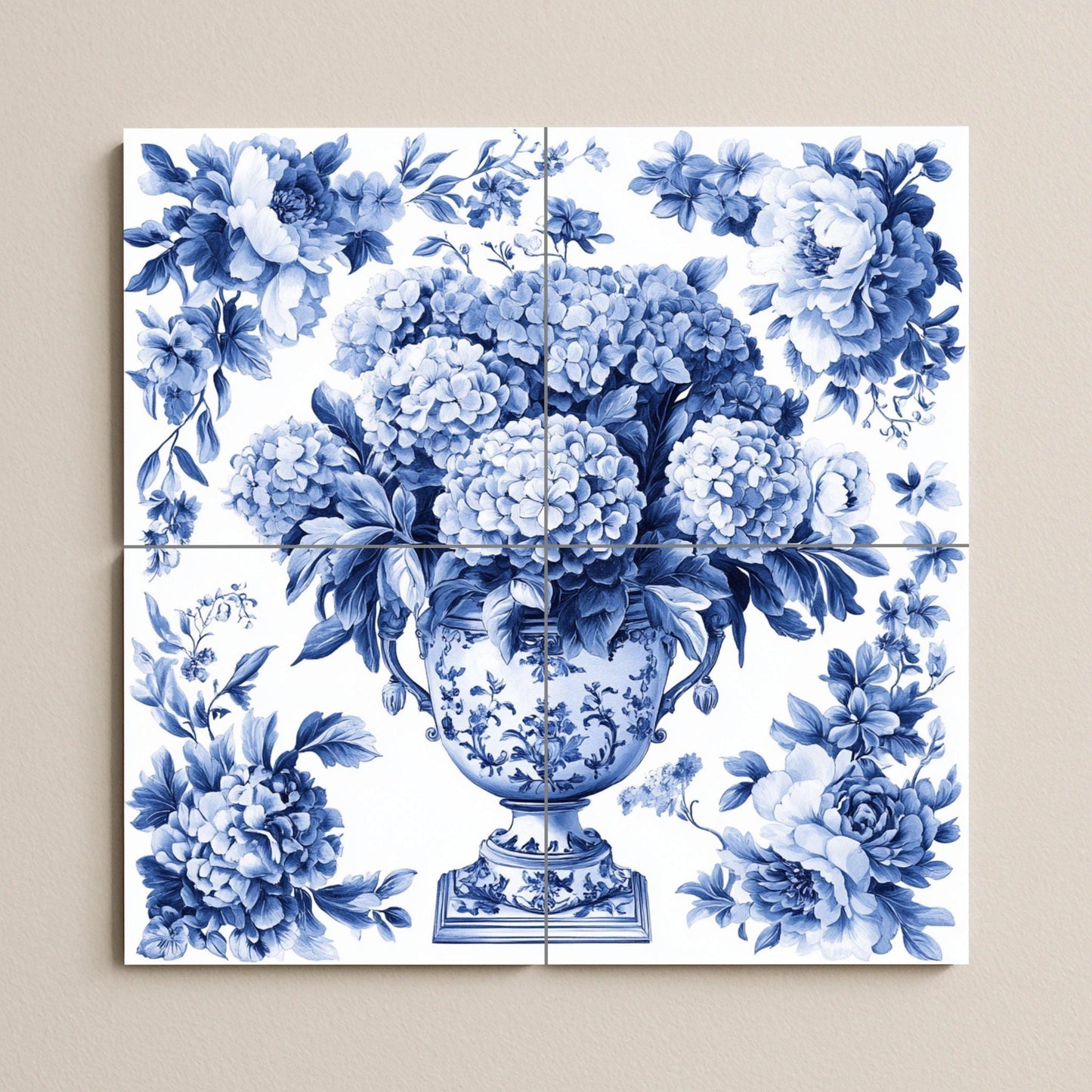 Delft Blue Ceramic Mural: Tile panel with an ornamental floral vase with hydrangeas and peonies, classic European decorative wall art.