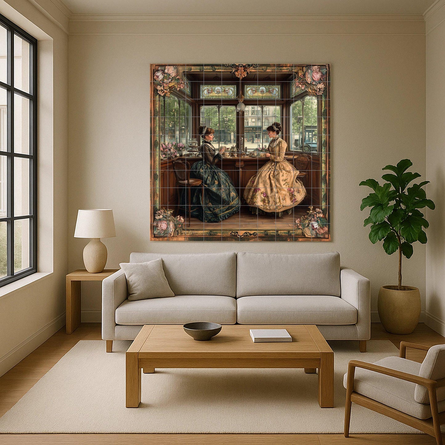 Victorian English tea room ceramic mural: Elegant ladies taking afternoon tea, vintage wall art with floral and ornamental frame.