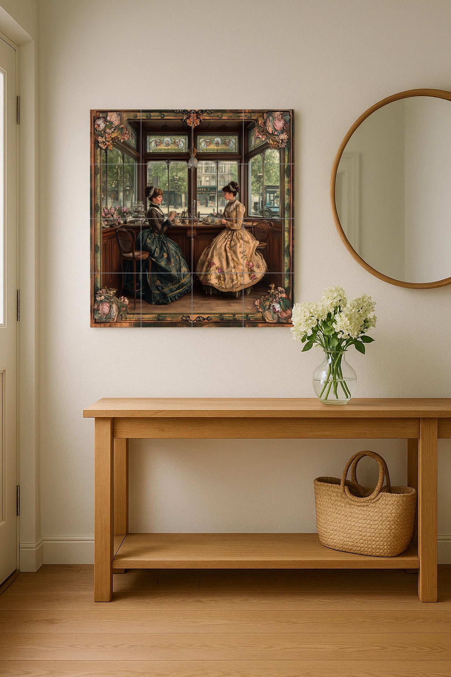 Victorian English tea room ceramic mural: Elegant ladies taking afternoon tea, vintage wall art with floral and ornamental frame.