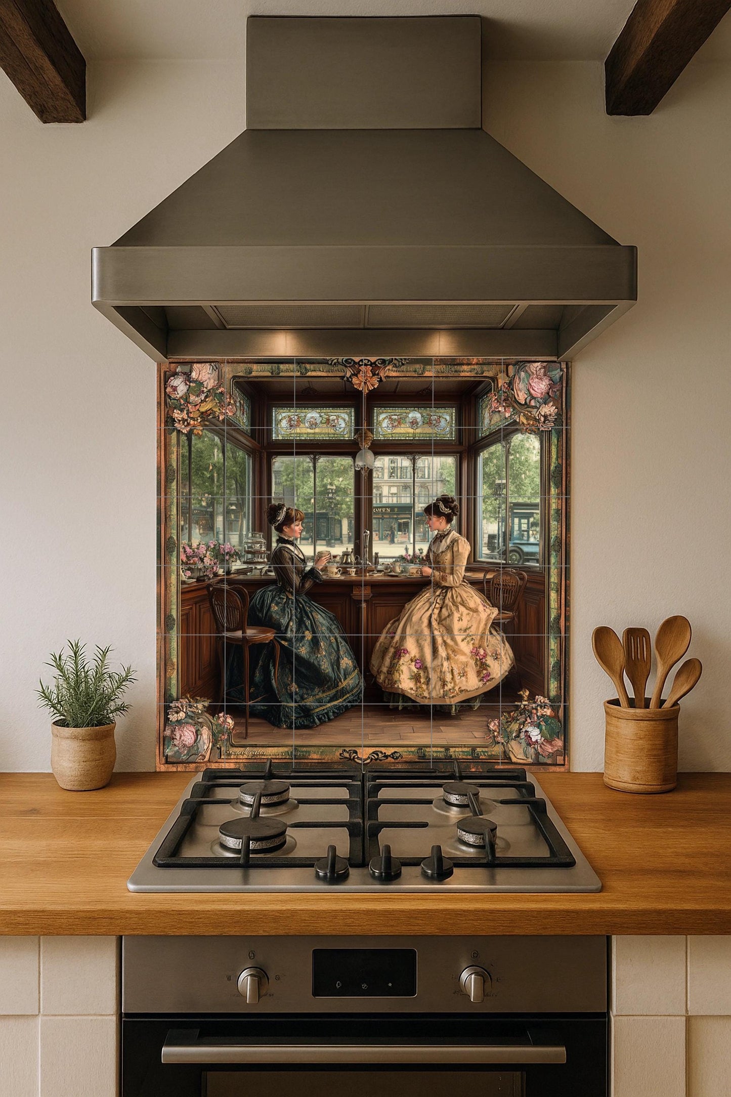 Victorian English tea room ceramic mural: Elegant ladies taking afternoon tea, vintage wall art with floral and ornamental frame.