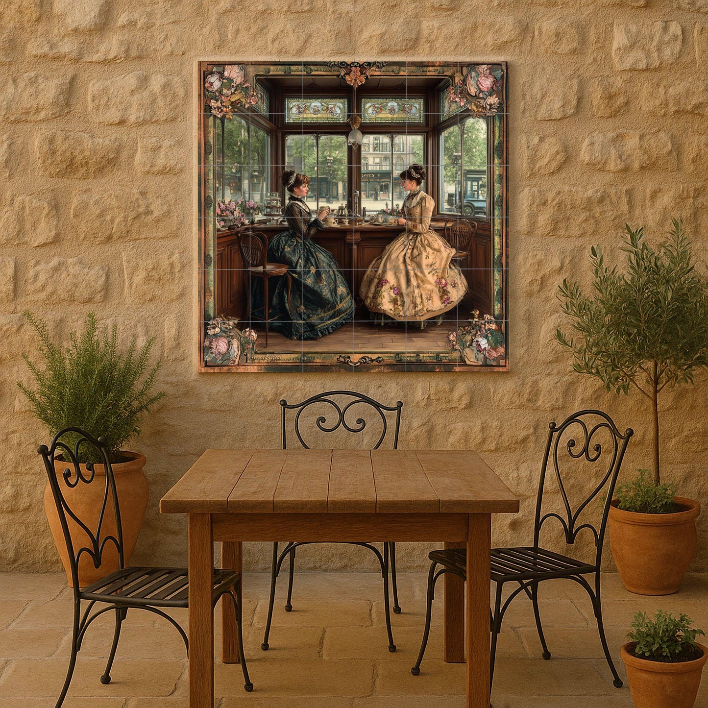 Victorian English tea room ceramic mural: Elegant ladies taking afternoon tea, vintage wall art with floral and ornamental frame.