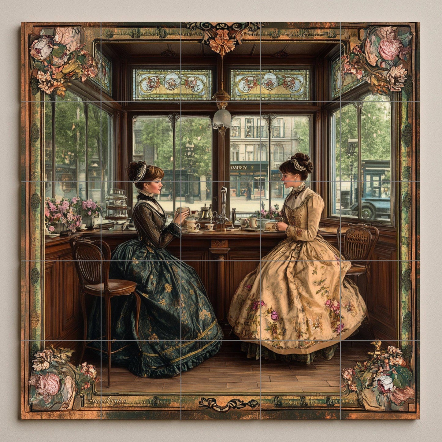 Victorian English tea room ceramic mural: Elegant ladies taking afternoon tea, vintage wall art with floral and ornamental frame.