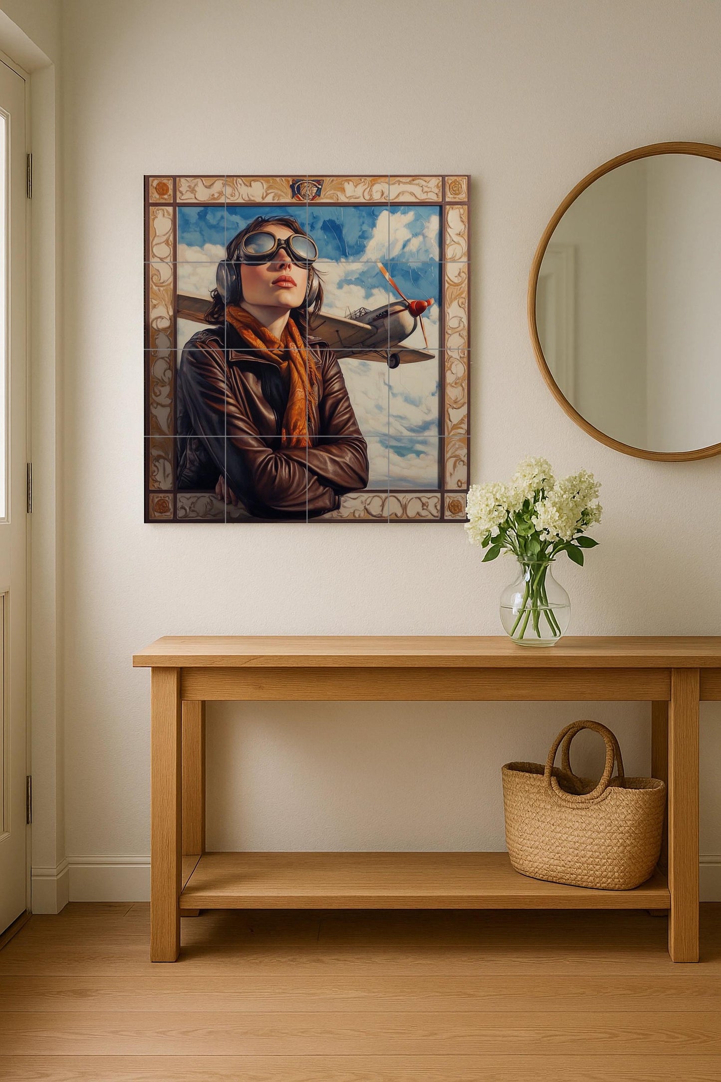 Aviation ceramic mural: Vintage pilot portrait with airplane and sky. Heroic retro aeronautical style mural art.