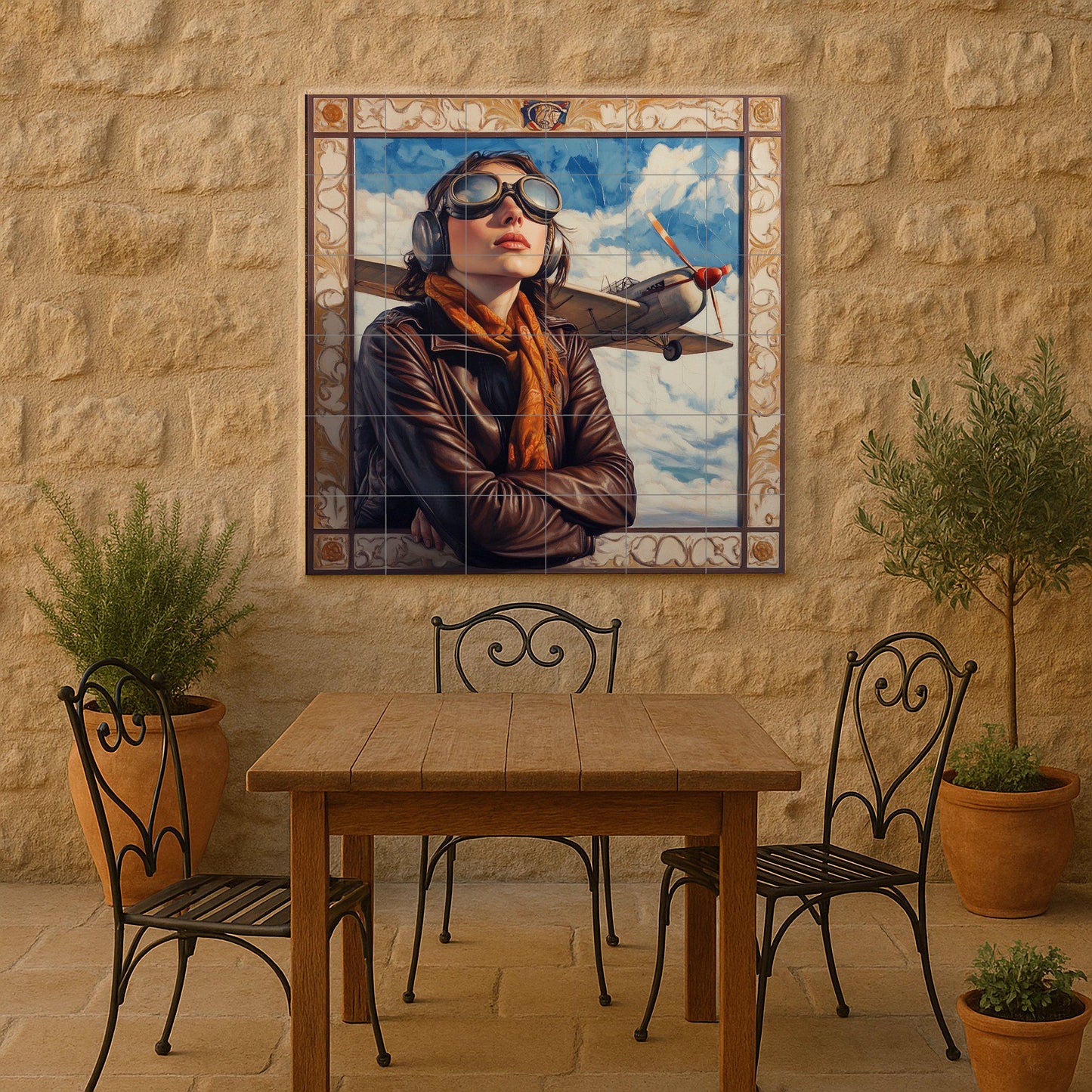 Aviation ceramic mural: Vintage pilot portrait with airplane and sky. Heroic retro aeronautical style mural art.