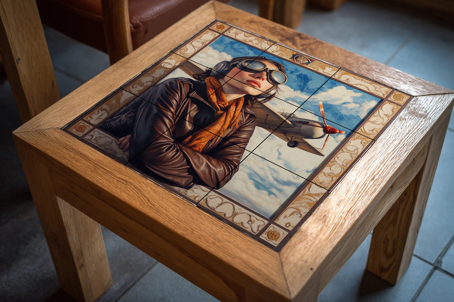 Aviation ceramic mural: Vintage pilot portrait with airplane and sky. Heroic retro aeronautical style mural art.