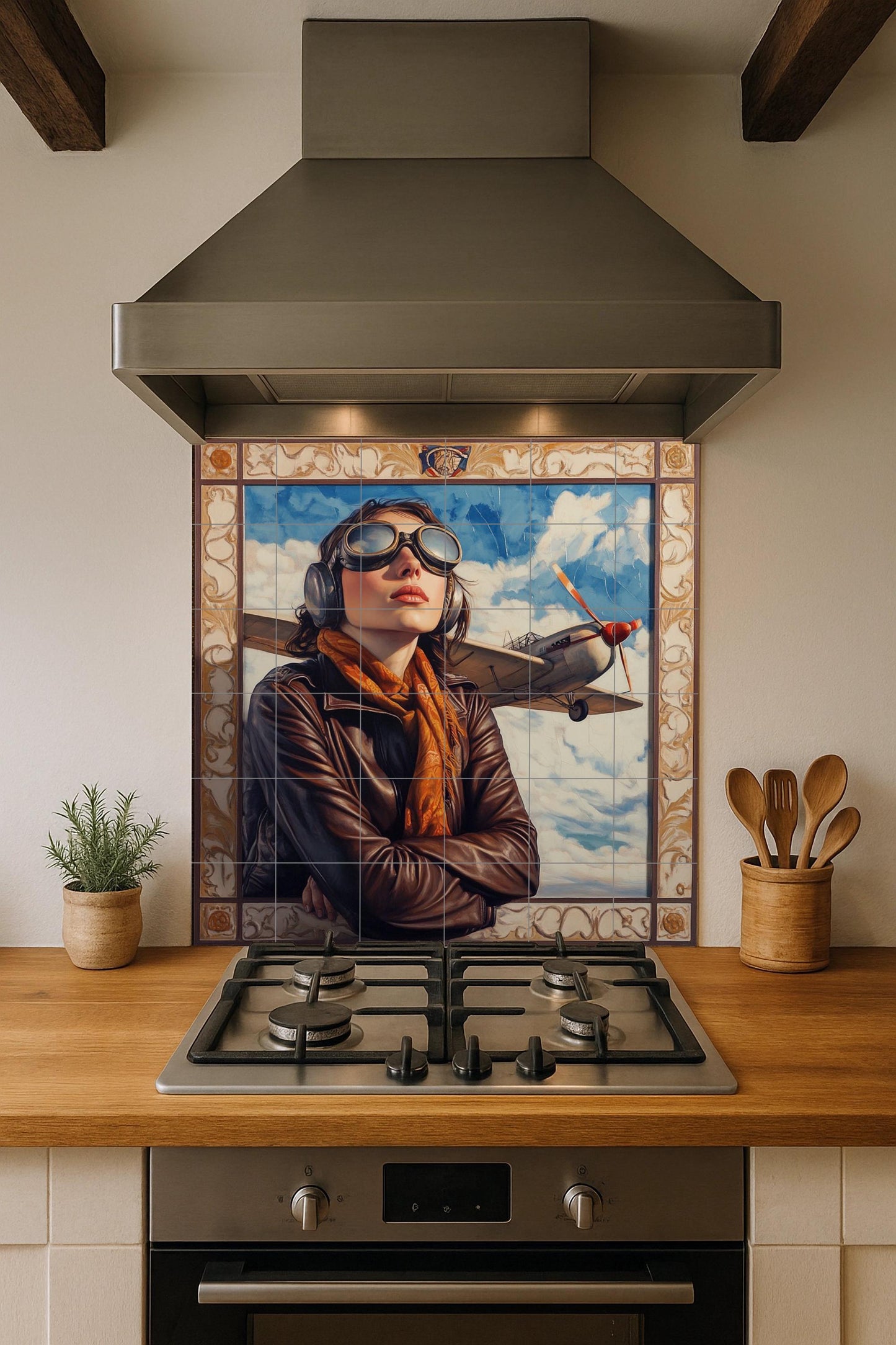 Aviation ceramic mural: Vintage pilot portrait with airplane and sky. Heroic retro aeronautical style mural art.