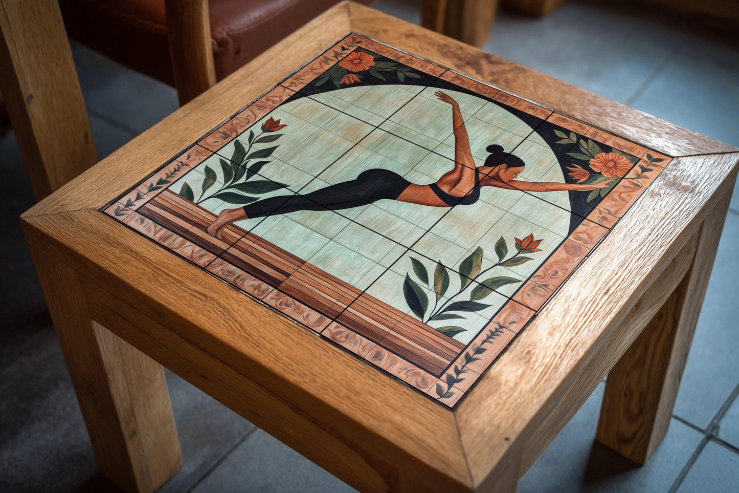 Ceramic yoga mural: artistic wellness tile panel with floral arch motif, conscious movement wall art in earthy and botanical tones.