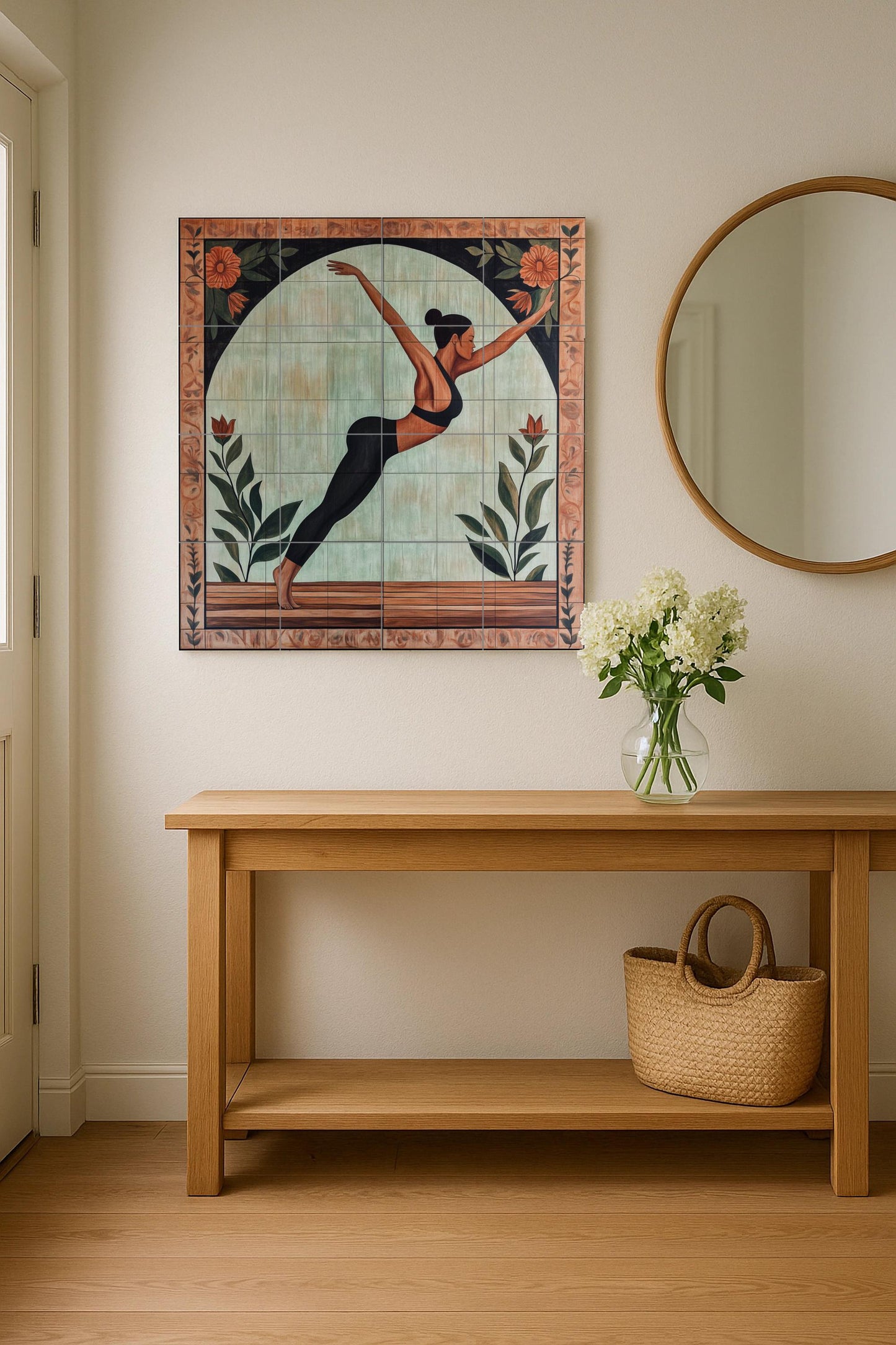 Ceramic yoga mural: artistic wellness tile panel with floral arch motif, conscious movement wall art in earthy and botanical tones.