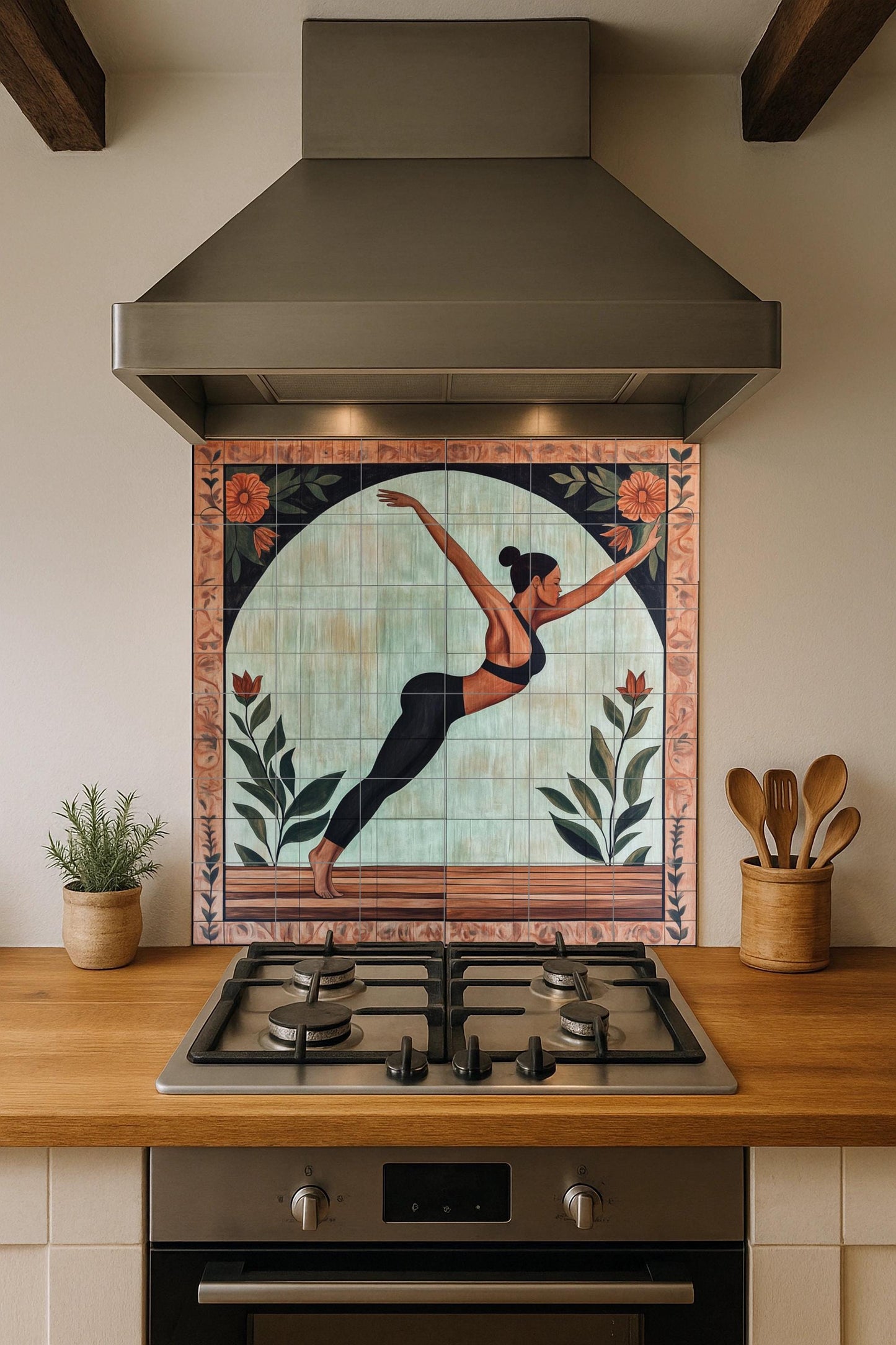 Ceramic yoga mural: artistic wellness tile panel with floral arch motif, conscious movement wall art in earthy and botanical tones.
