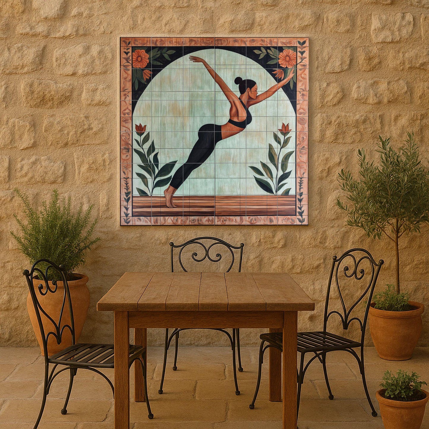 Ceramic yoga mural: artistic wellness tile panel with floral arch motif, conscious movement wall art in earthy and botanical tones.