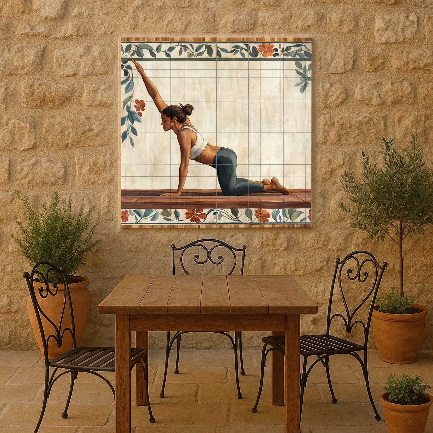 Ceramic yoga mural: tile art for serene well-being featuring a woman in an asana pose. Wall panel for a mindful lifestyle and tranquil environment.
