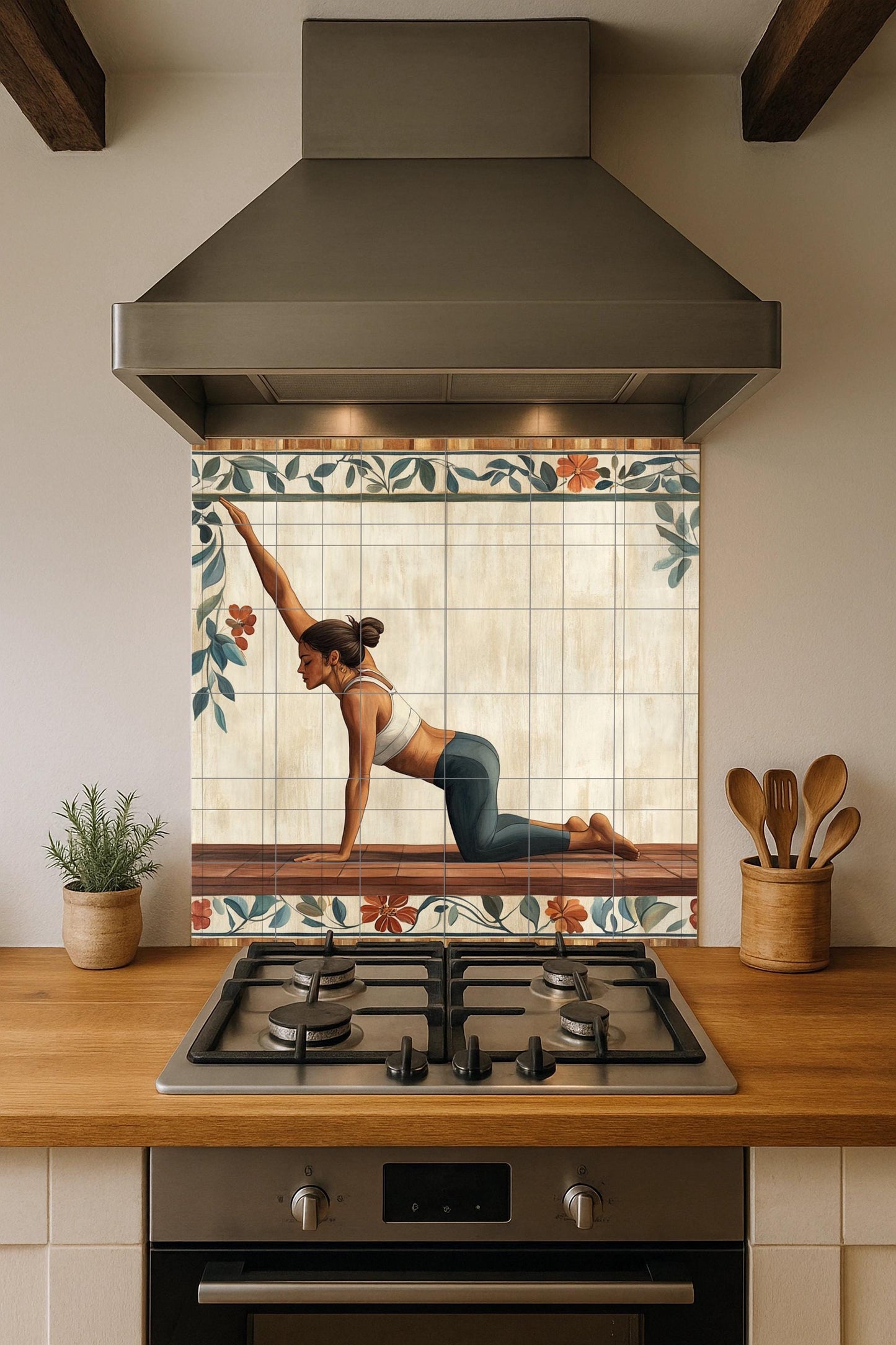 Ceramic yoga mural: tile art for serene well-being featuring a woman in an asana pose. Wall panel for a mindful lifestyle and tranquil environment.