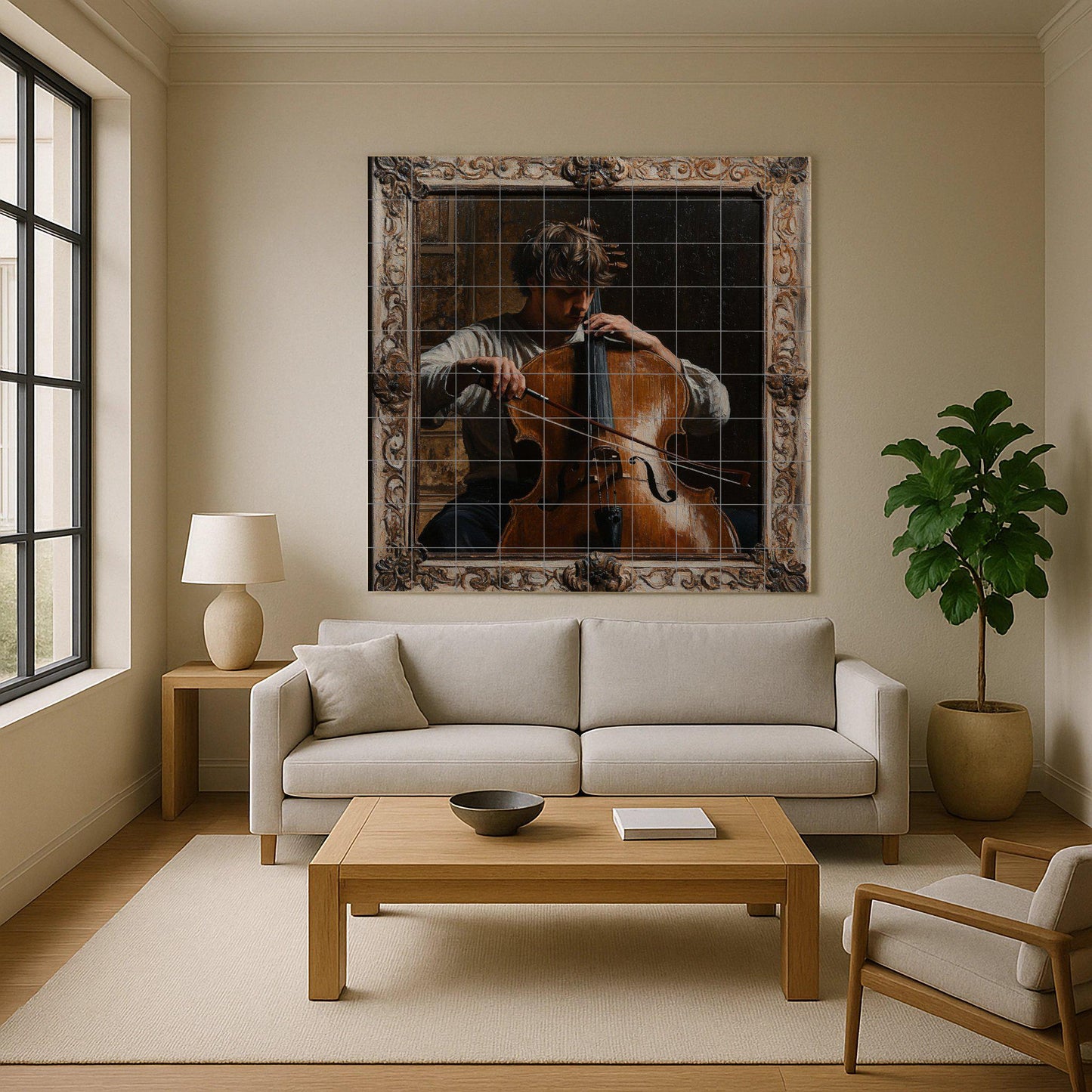 Classical Music Ceramic Mural: Romantic Cellist with Baroque Frame, European Art Inspired Wall Panel, Vintage Musical Artwork.