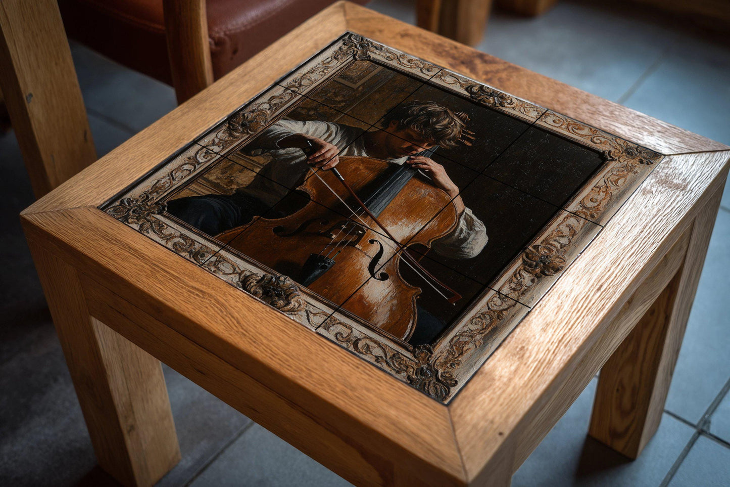 Classical Music Ceramic Mural: Romantic Cellist with Baroque Frame, European Art Inspired Wall Panel, Vintage Musical Artwork.