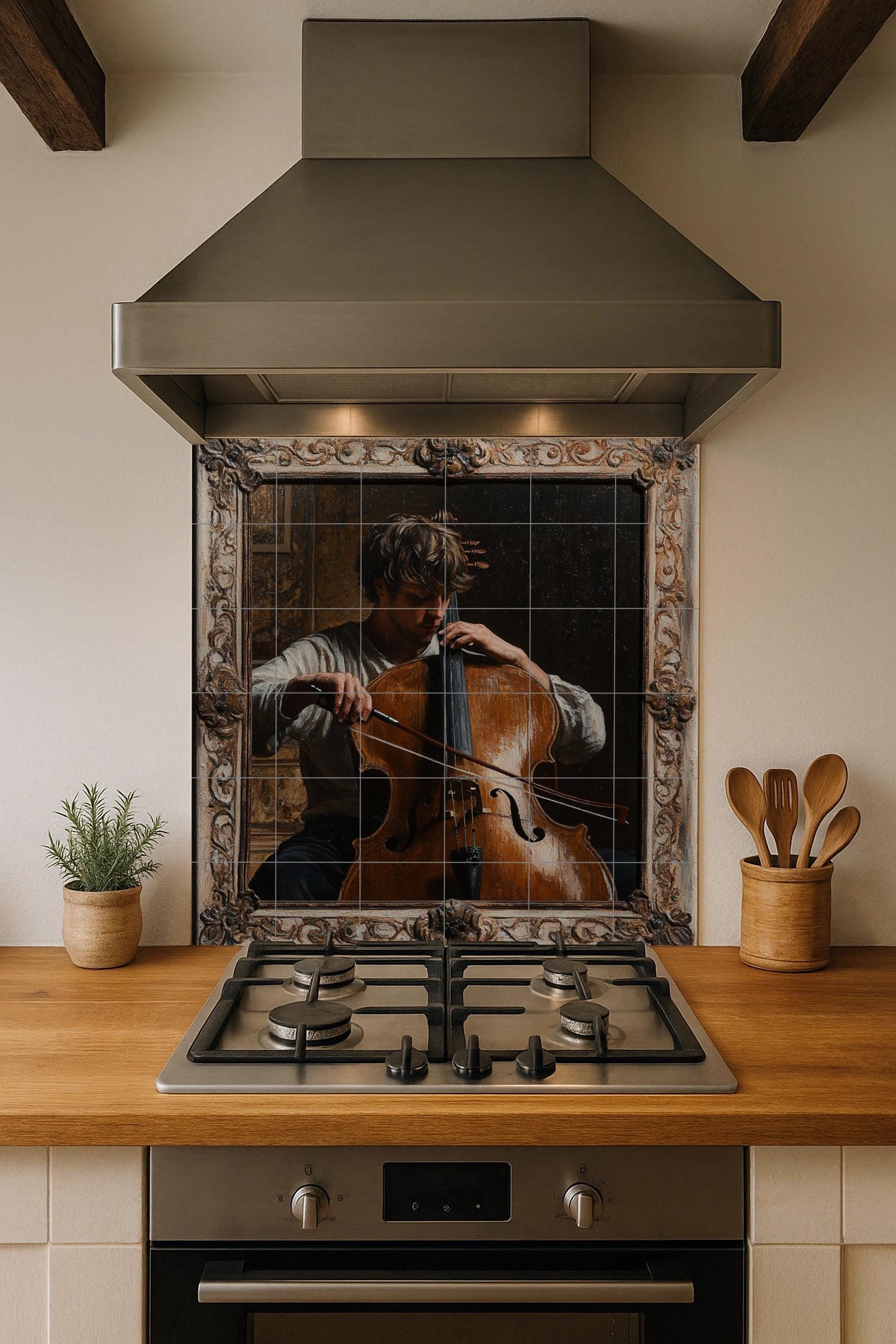 Classical Music Ceramic Mural: Romantic Cellist with Baroque Frame, European Art Inspired Wall Panel, Vintage Musical Artwork.