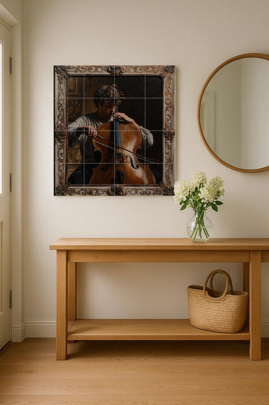 Classical Music Ceramic Mural: Romantic Cellist with Baroque Frame, European Art Inspired Wall Panel, Vintage Musical Artwork.