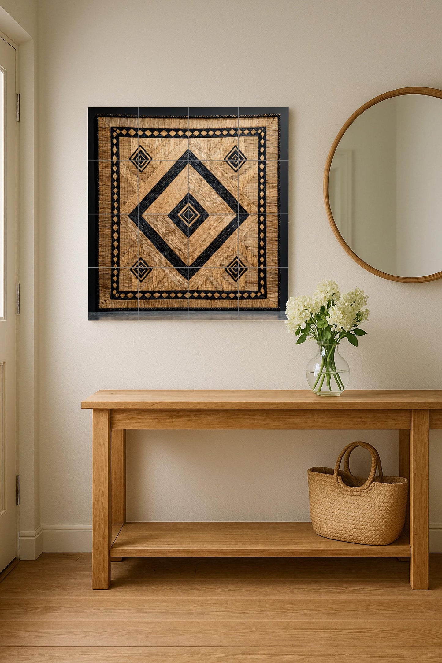 Balinese tropical ceramic mural: diamond pattern woven in natural palm with black details. Island-inspired wall art for luxury interiors.