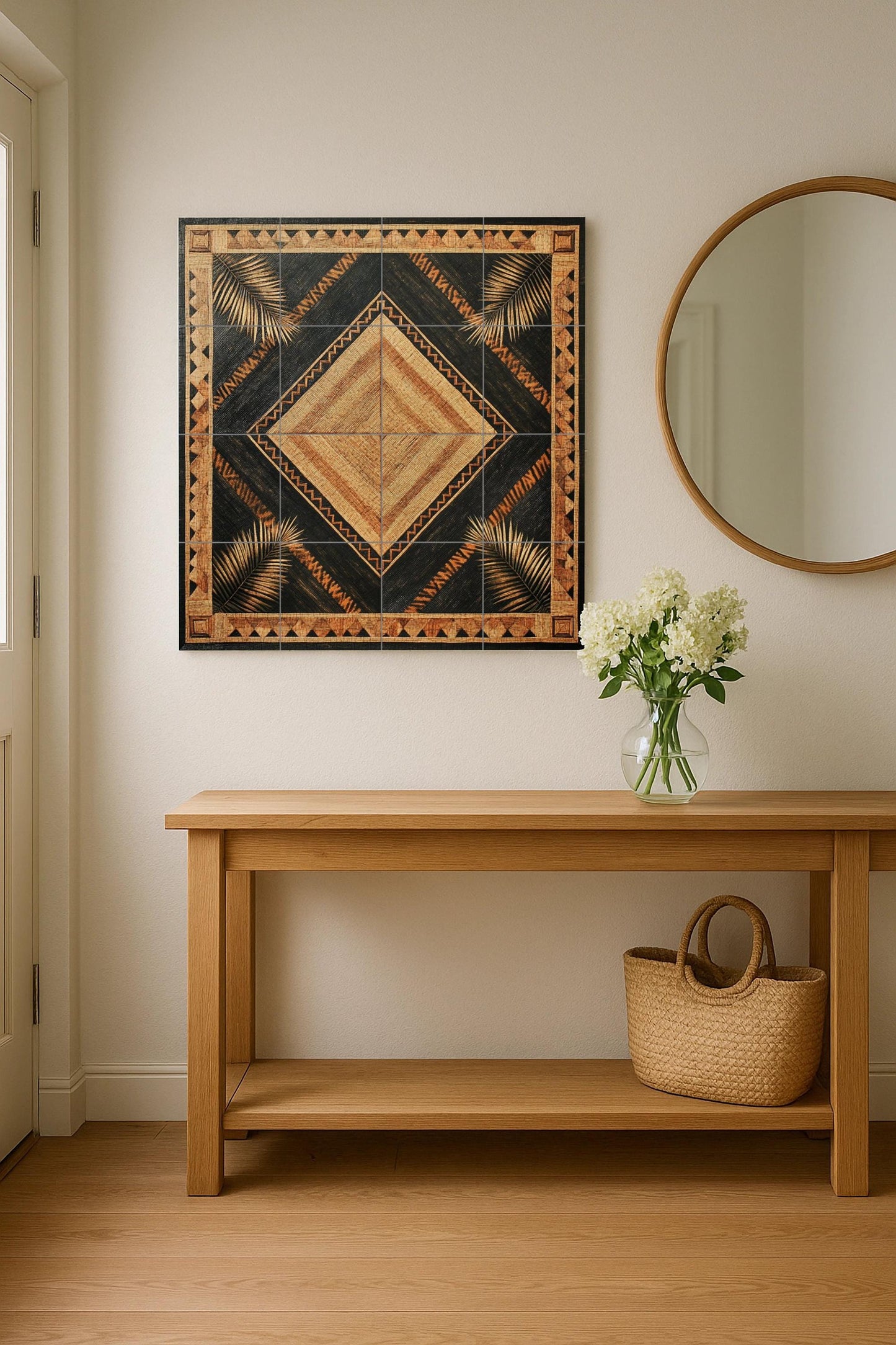 Banig Mat Filipino Ceramic Mural: Diamond-shaped palm leaf design with tribal border, woven fiber-inspired tile panel, Southeast Asian wall art