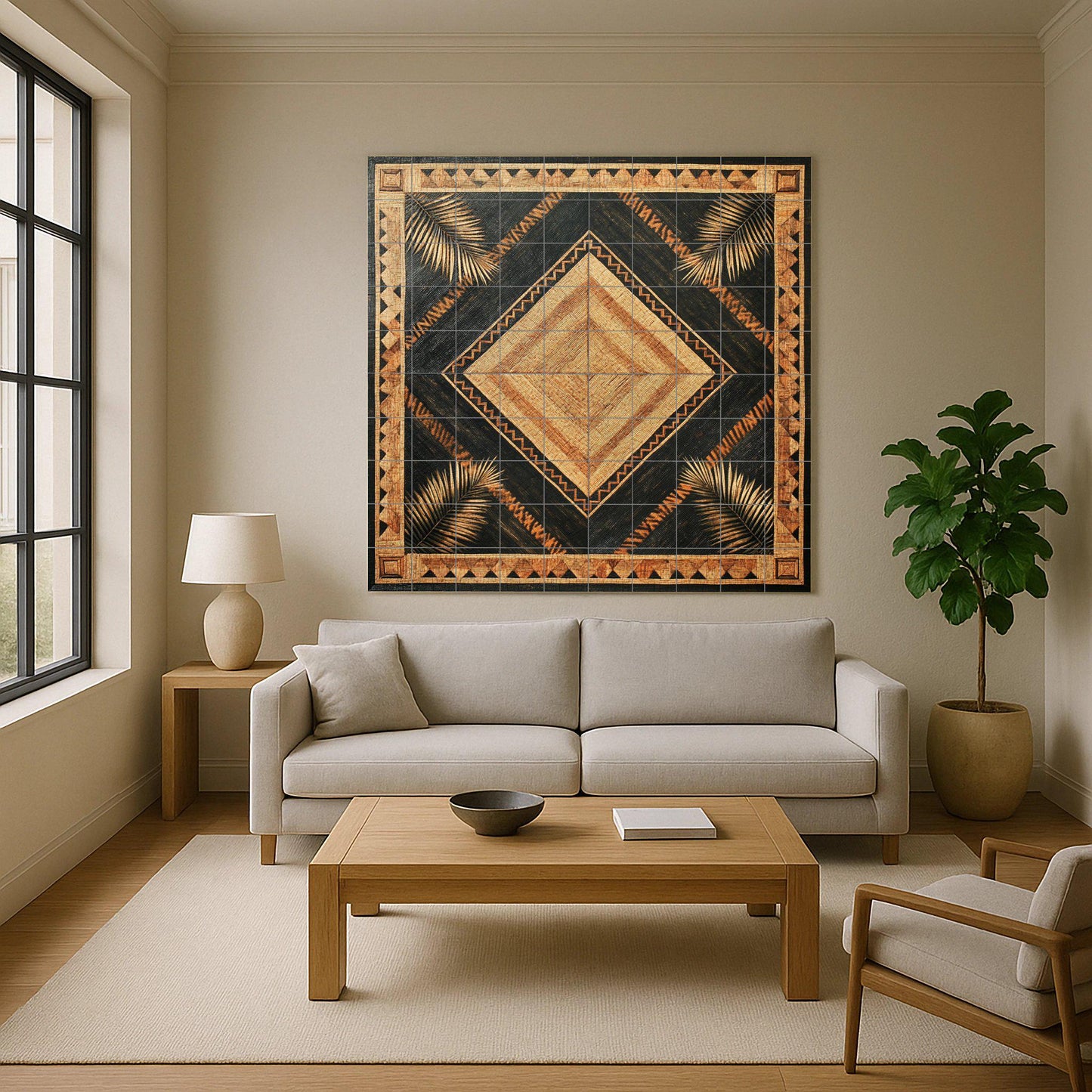 Banig Mat Filipino Ceramic Mural: Diamond-shaped palm leaf design with tribal border, woven fiber-inspired tile panel, Southeast Asian wall art
