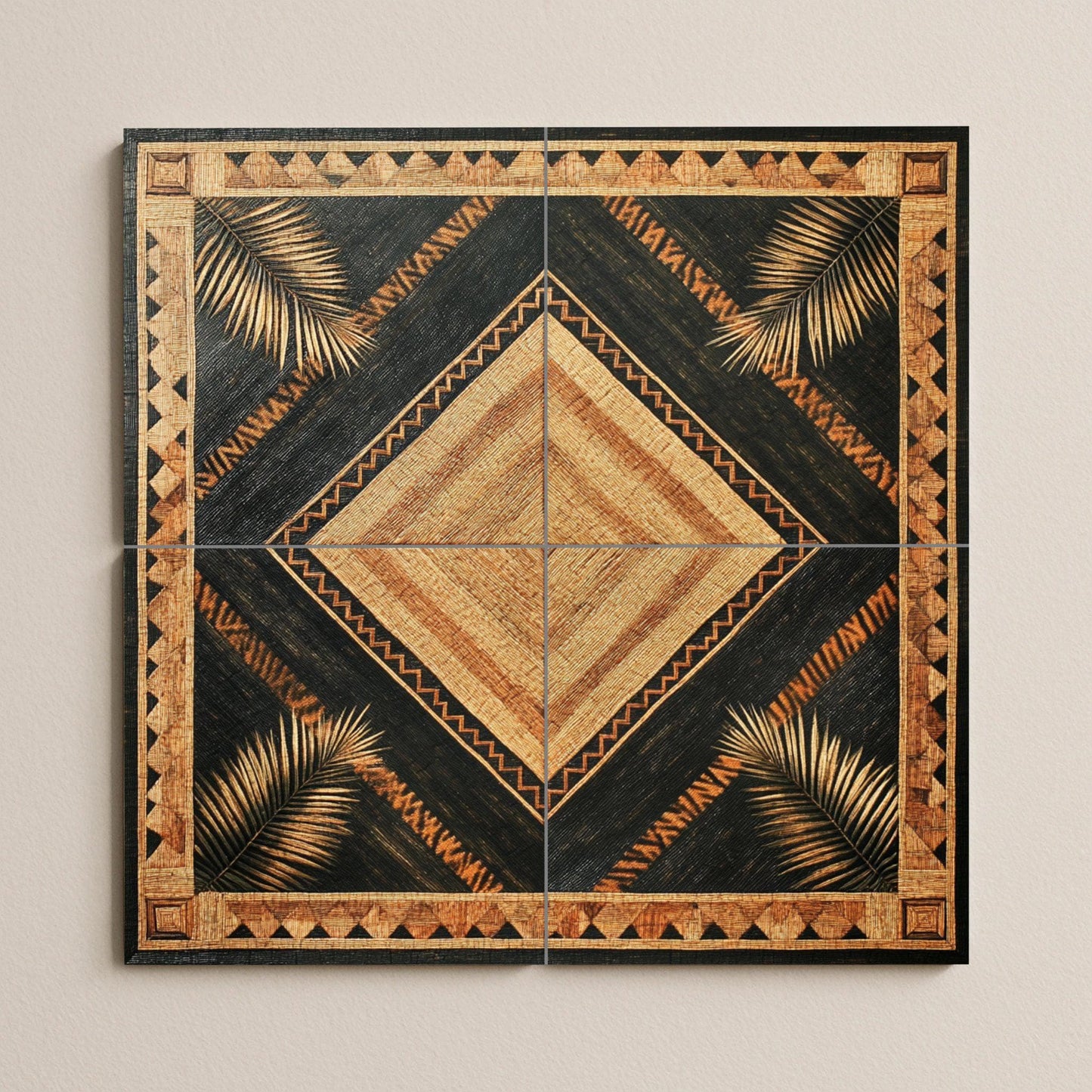 Banig Mat Filipino Ceramic Mural: Diamond-shaped palm leaf design with tribal border, woven fiber-inspired tile panel, Southeast Asian wall art