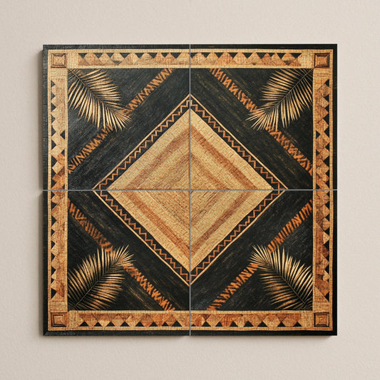 Banig Mat Filipino Ceramic Mural: Diamond-shaped palm leaf design with tribal border, woven fiber-inspired tile panel, Southeast Asian wall art