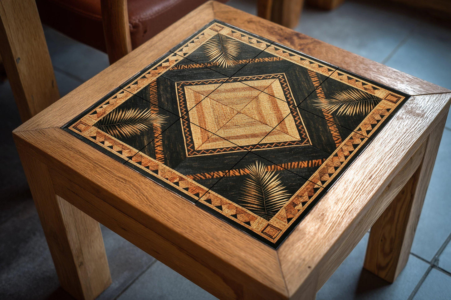 Banig Mat Filipino Ceramic Mural: Diamond-shaped palm leaf design with tribal border, woven fiber-inspired tile panel, Southeast Asian wall art