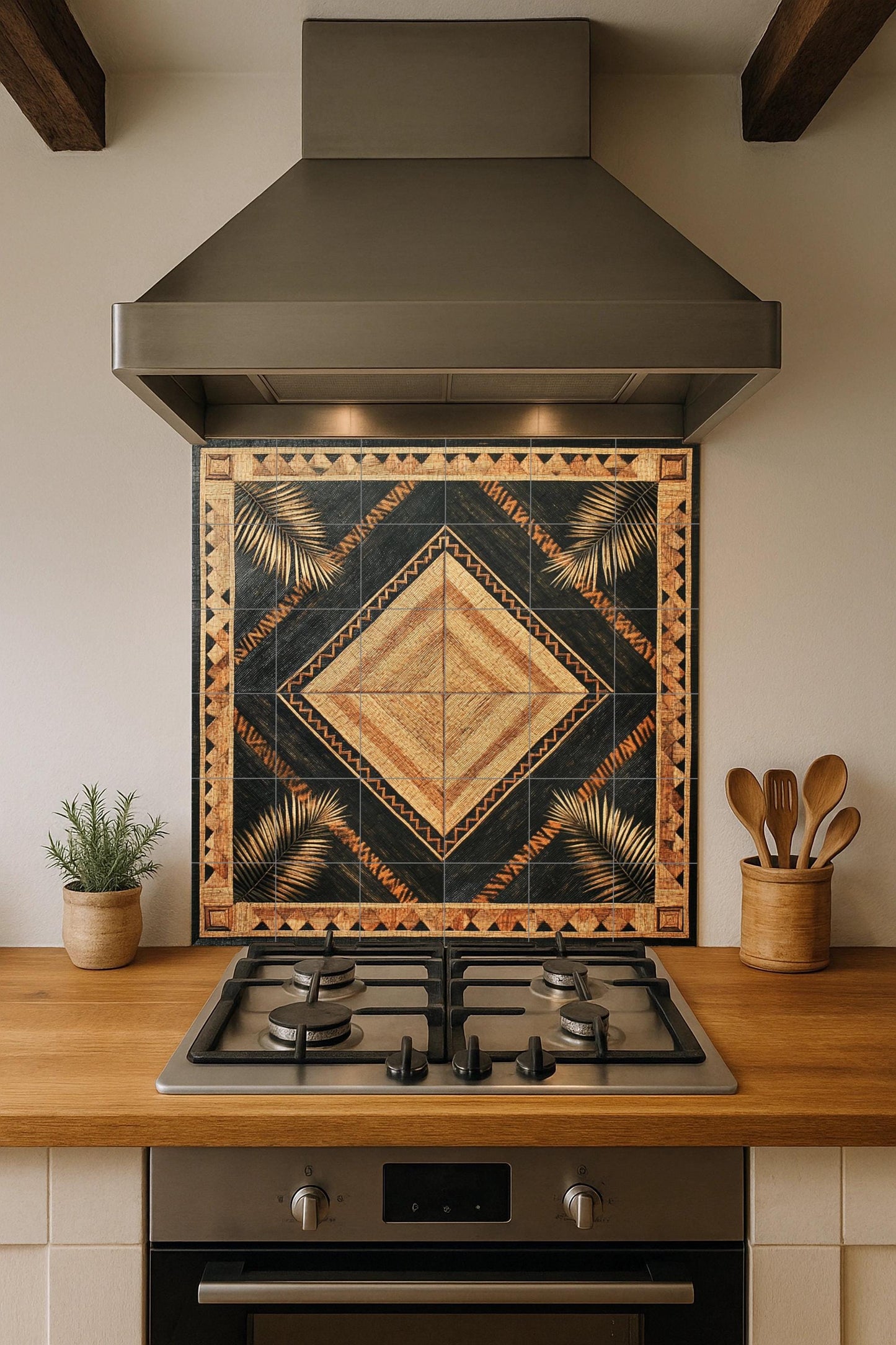 Banig Mat Filipino Ceramic Mural: Diamond-shaped palm leaf design with tribal border, woven fiber-inspired tile panel, Southeast Asian wall art