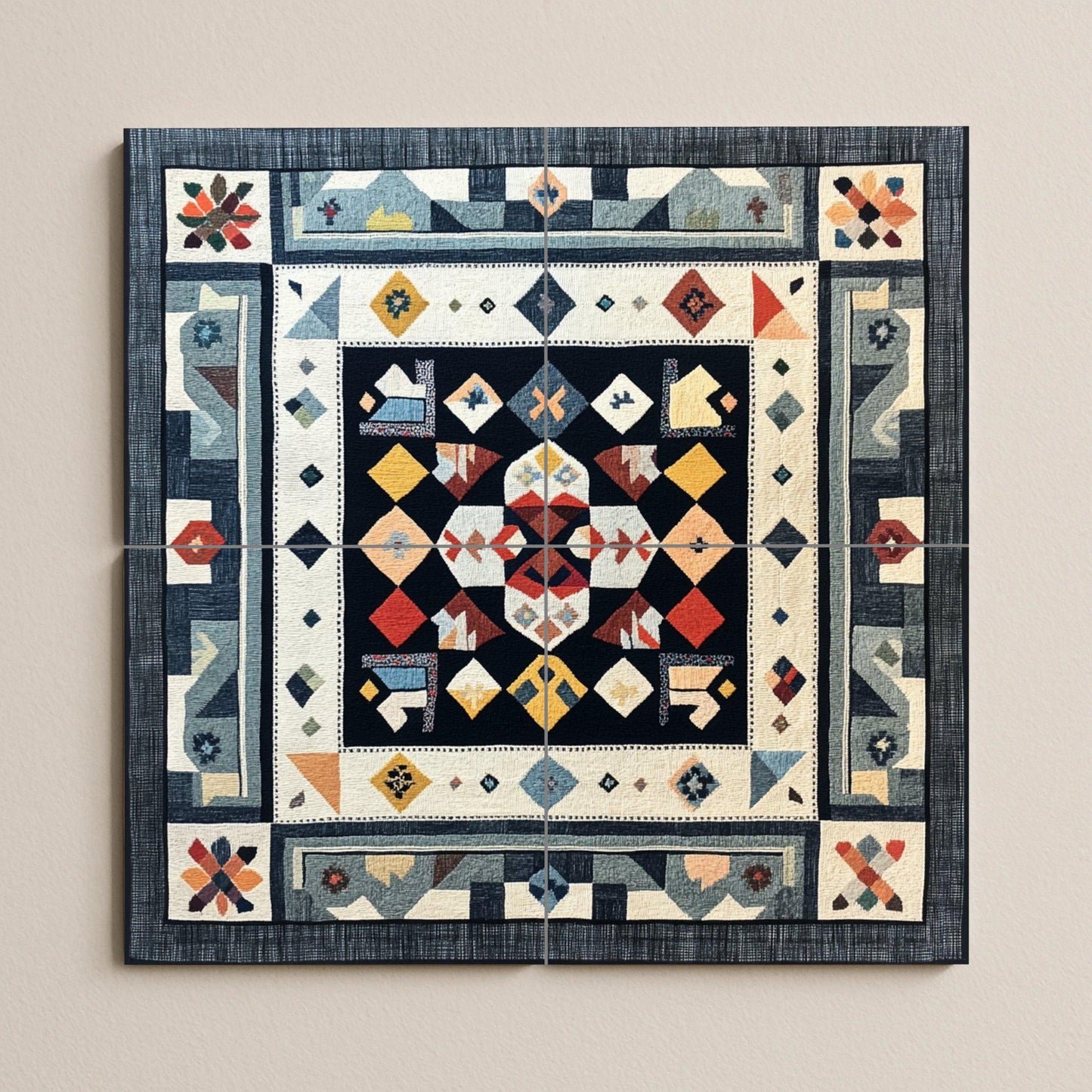 Finnish ceramic mural Ryijy: Scandinavian folk textile art in Nordic colors, inspired by the design of Helsinki, Turku and Tampere.
