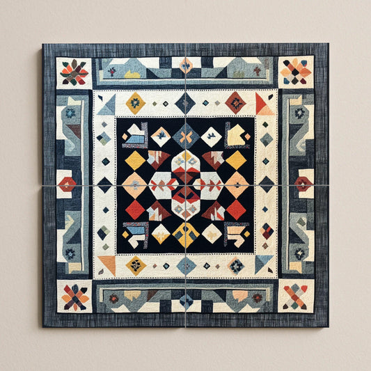 Finnish ceramic mural Ryijy: Scandinavian folk textile art in Nordic colors, inspired by the design of Helsinki, Turku and Tampere.