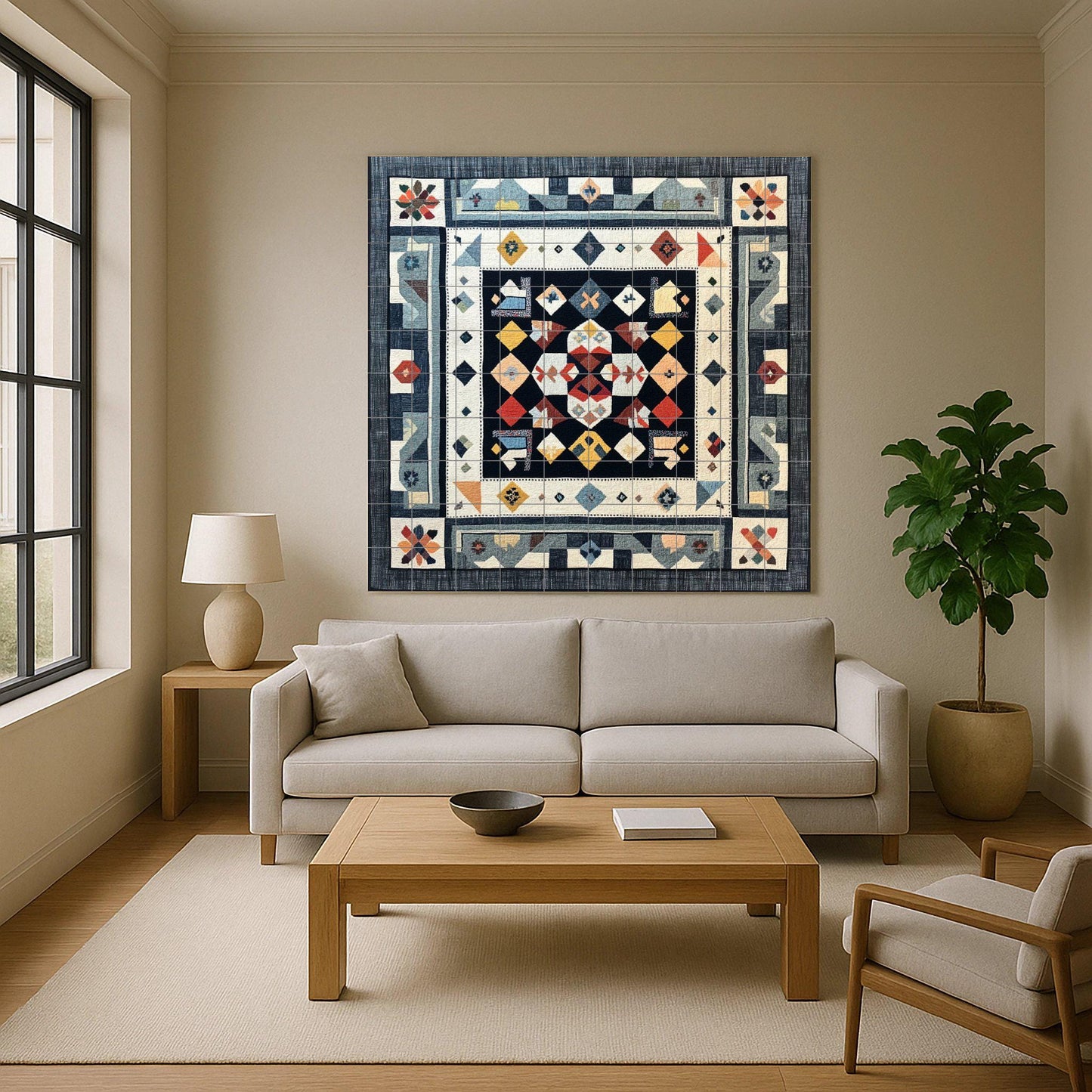 Finnish ceramic mural Ryijy: Scandinavian folk textile art in Nordic colors, inspired by the design of Helsinki, Turku and Tampere.