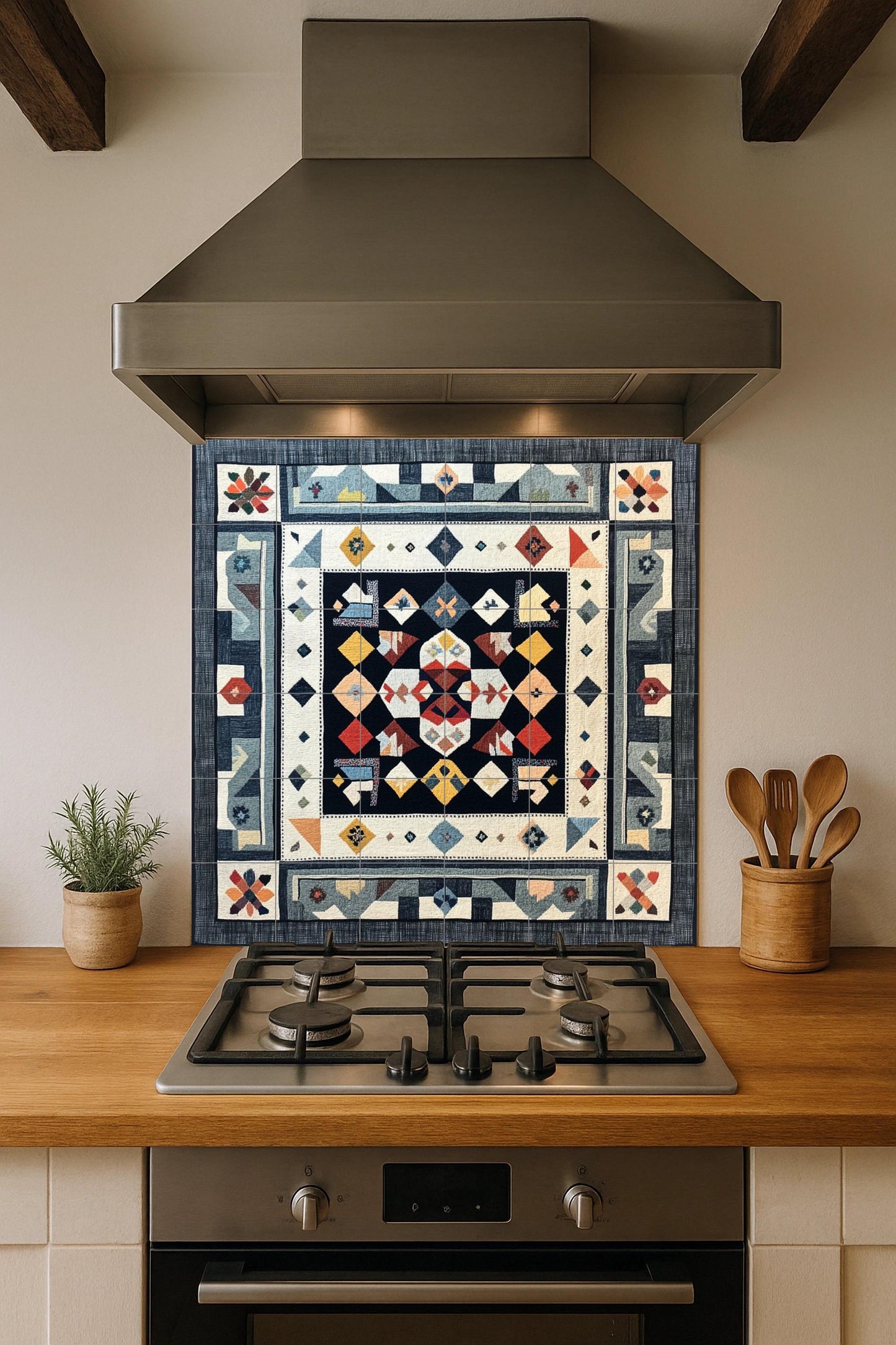 Finnish ceramic mural Ryijy: Scandinavian folk textile art in Nordic colors, inspired by the design of Helsinki, Turku and Tampere.