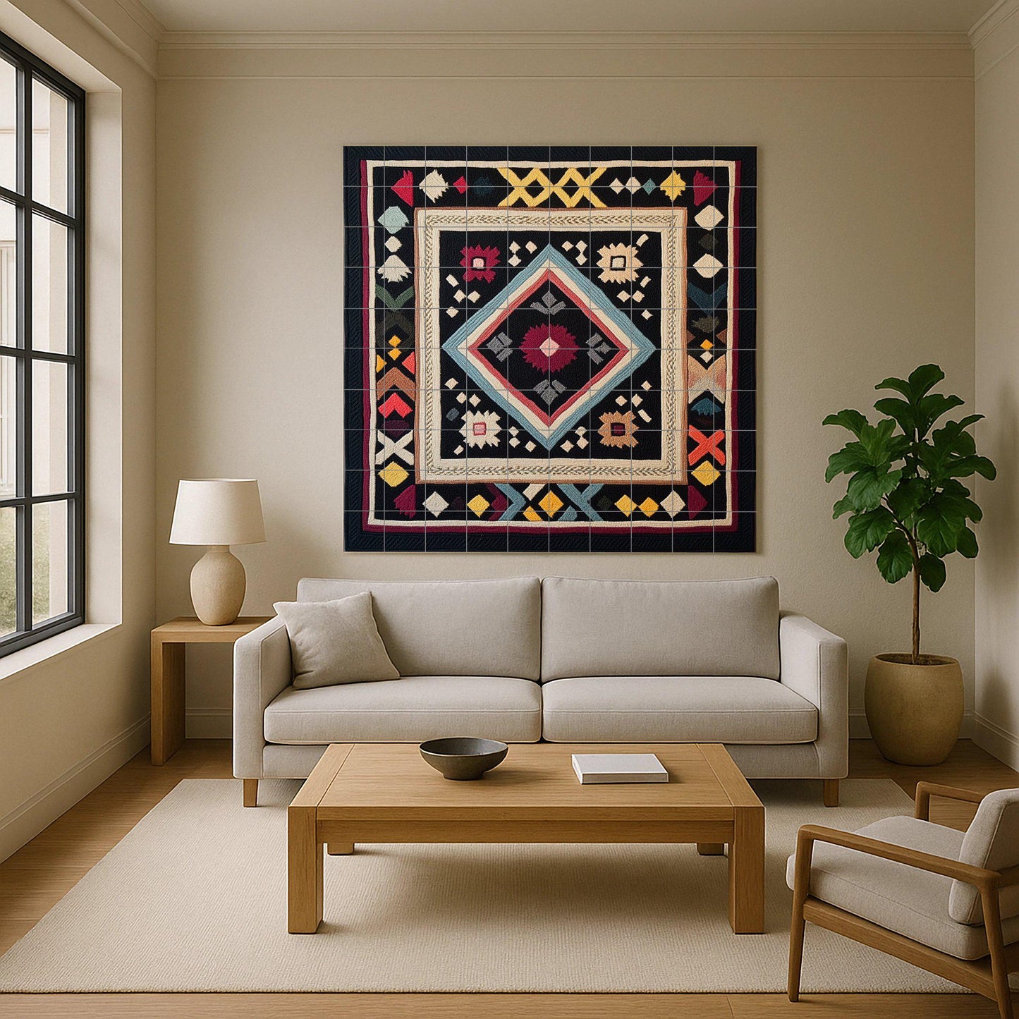 Ceramic mural with Finnish Ryijy carpet: Nordic geometric tapestry, tile panel with folk embroidery motif, Scandinavian heritage wall art