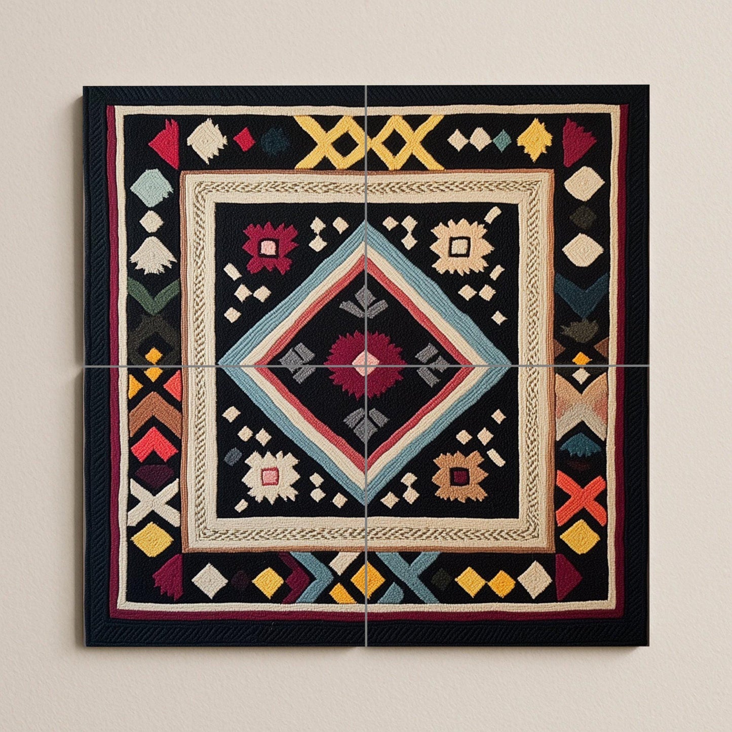 Ceramic mural with Finnish Ryijy carpet: Nordic geometric tapestry, tile panel with folk embroidery motif, Scandinavian heritage wall art