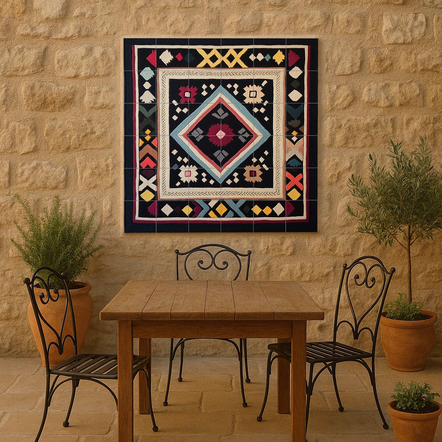 Ceramic mural with Finnish Ryijy carpet: Nordic geometric tapestry, tile panel with folk embroidery motif, Scandinavian heritage wall art