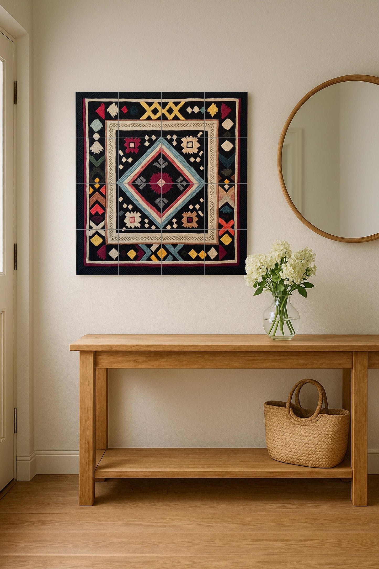 Ceramic mural with Finnish Ryijy carpet: Nordic geometric tapestry, tile panel with folk embroidery motif, Scandinavian heritage wall art