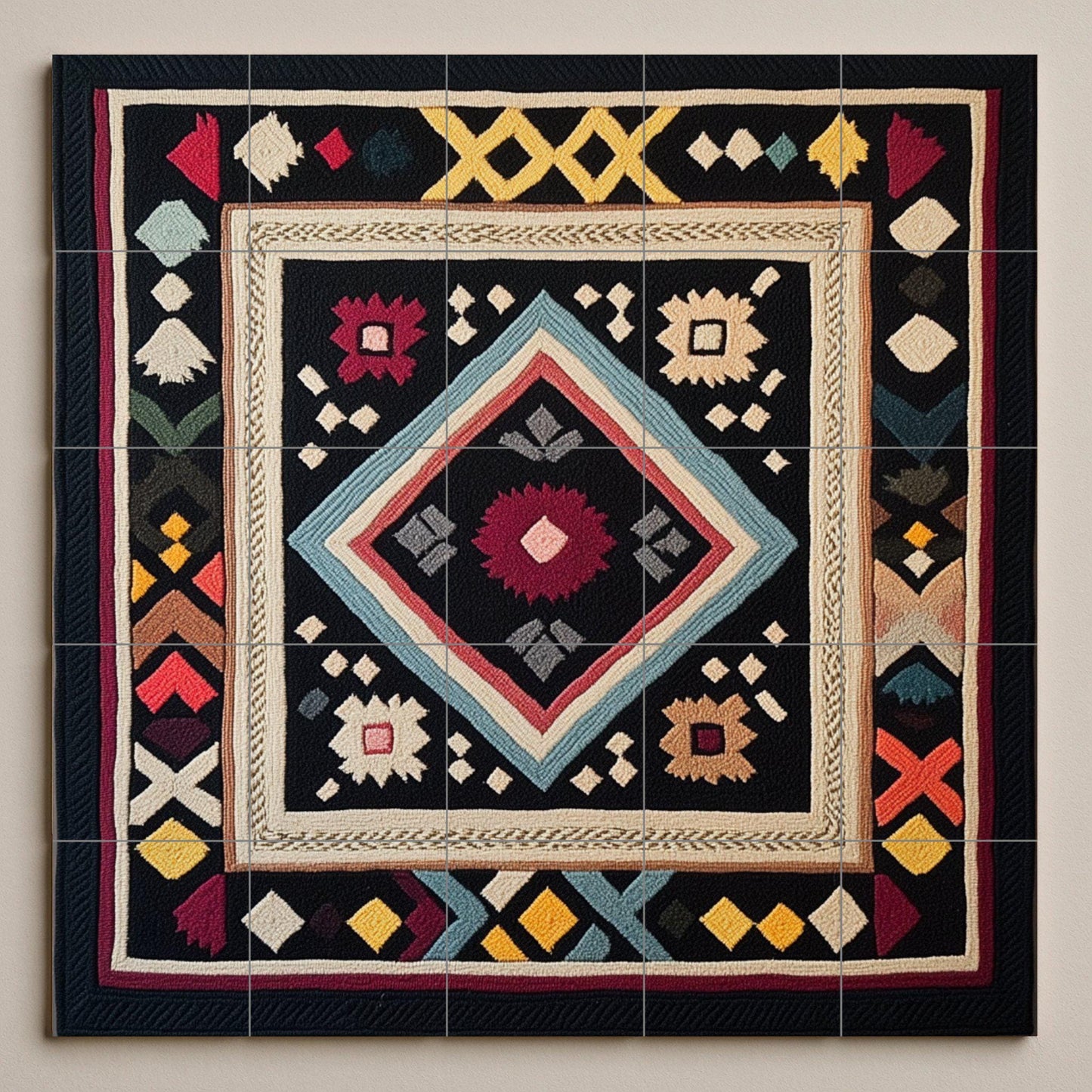 Ceramic mural with Finnish Ryijy carpet: Nordic geometric tapestry, tile panel with folk embroidery motif, Scandinavian heritage wall art