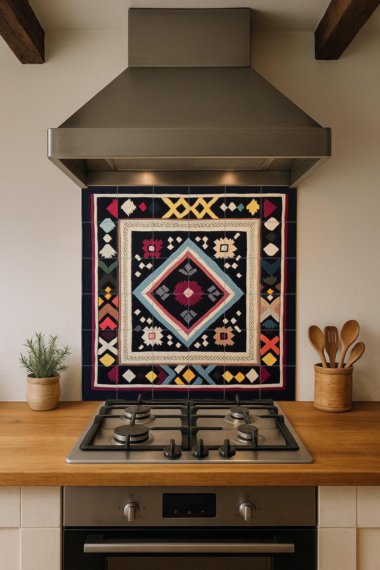 Ceramic mural with Finnish Ryijy carpet: Nordic geometric tapestry, tile panel with folk embroidery motif, Scandinavian heritage wall art