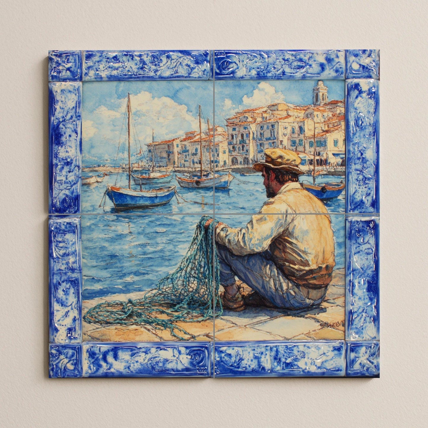 Ceramic mural of coastal fishing in Sardinia: Mediterranean port scene inspired by Alghero, Cagliari and Bosa, traditional Italian tile art.