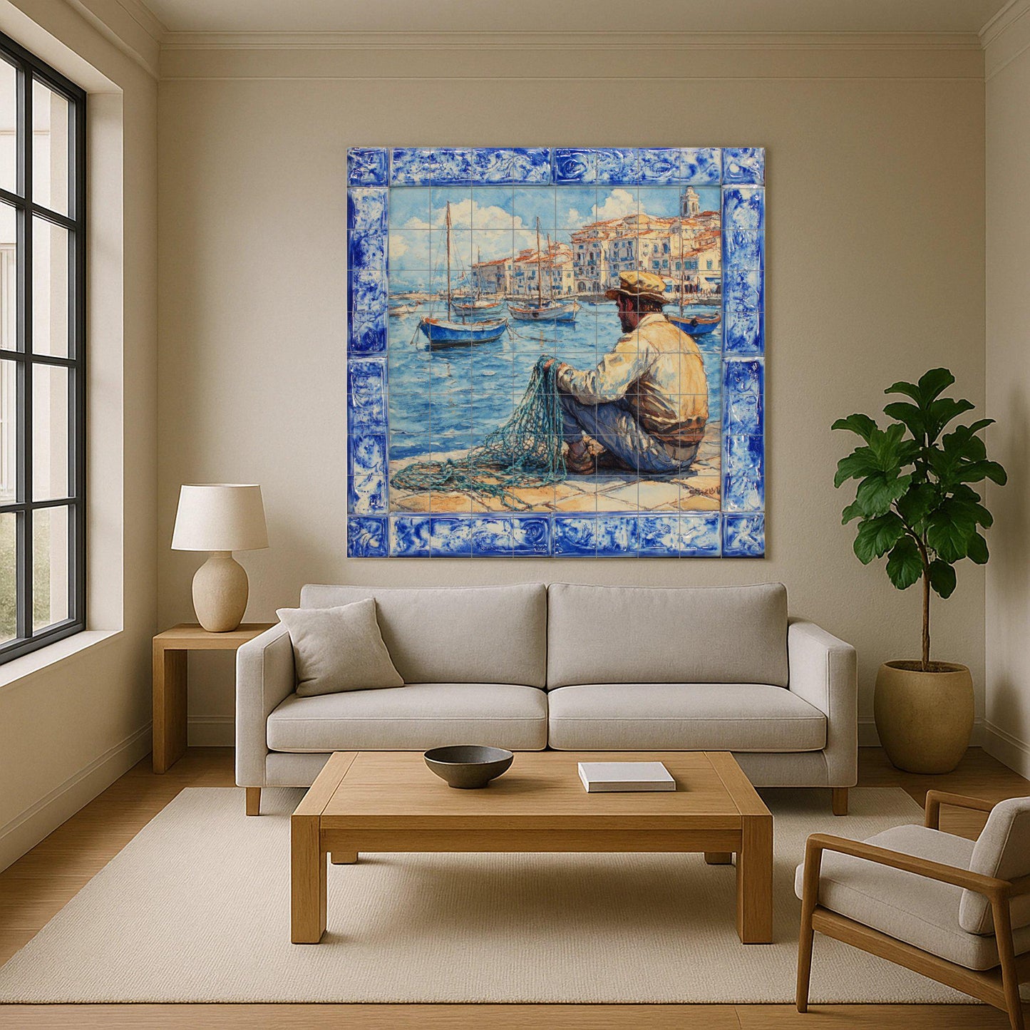 Ceramic mural of coastal fishing in Sardinia: Mediterranean port scene inspired by Alghero, Cagliari and Bosa, traditional Italian tile art.