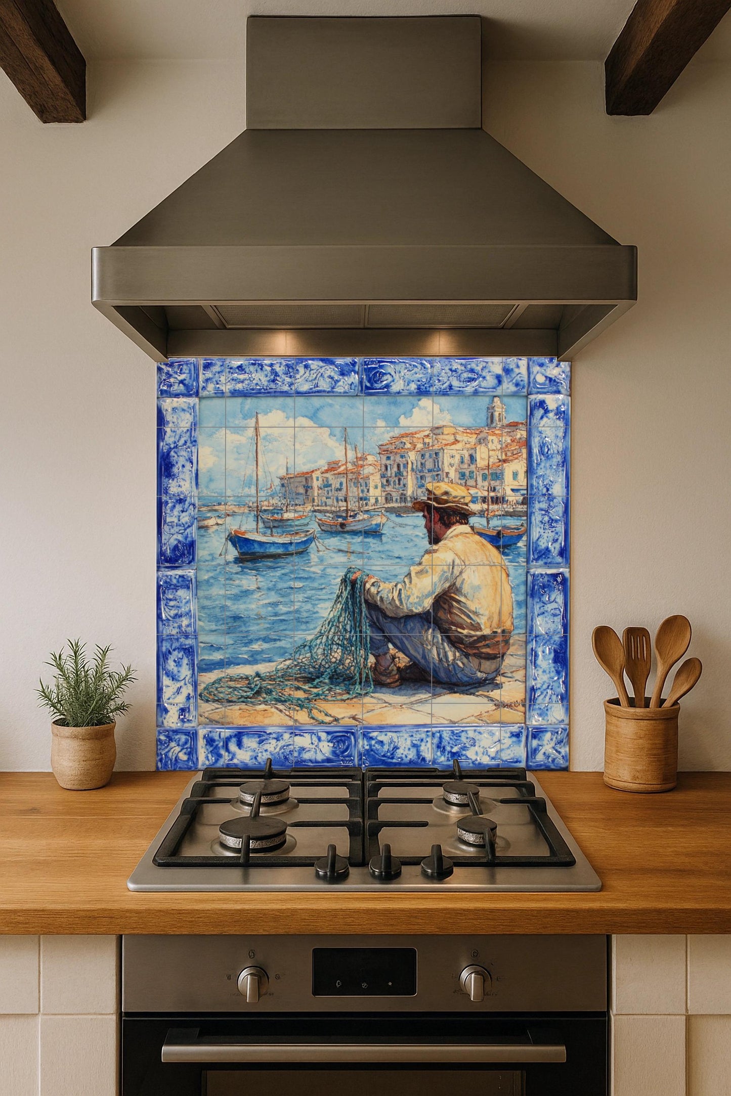 Ceramic mural of coastal fishing in Sardinia: Mediterranean port scene inspired by Alghero, Cagliari and Bosa, traditional Italian tile art.