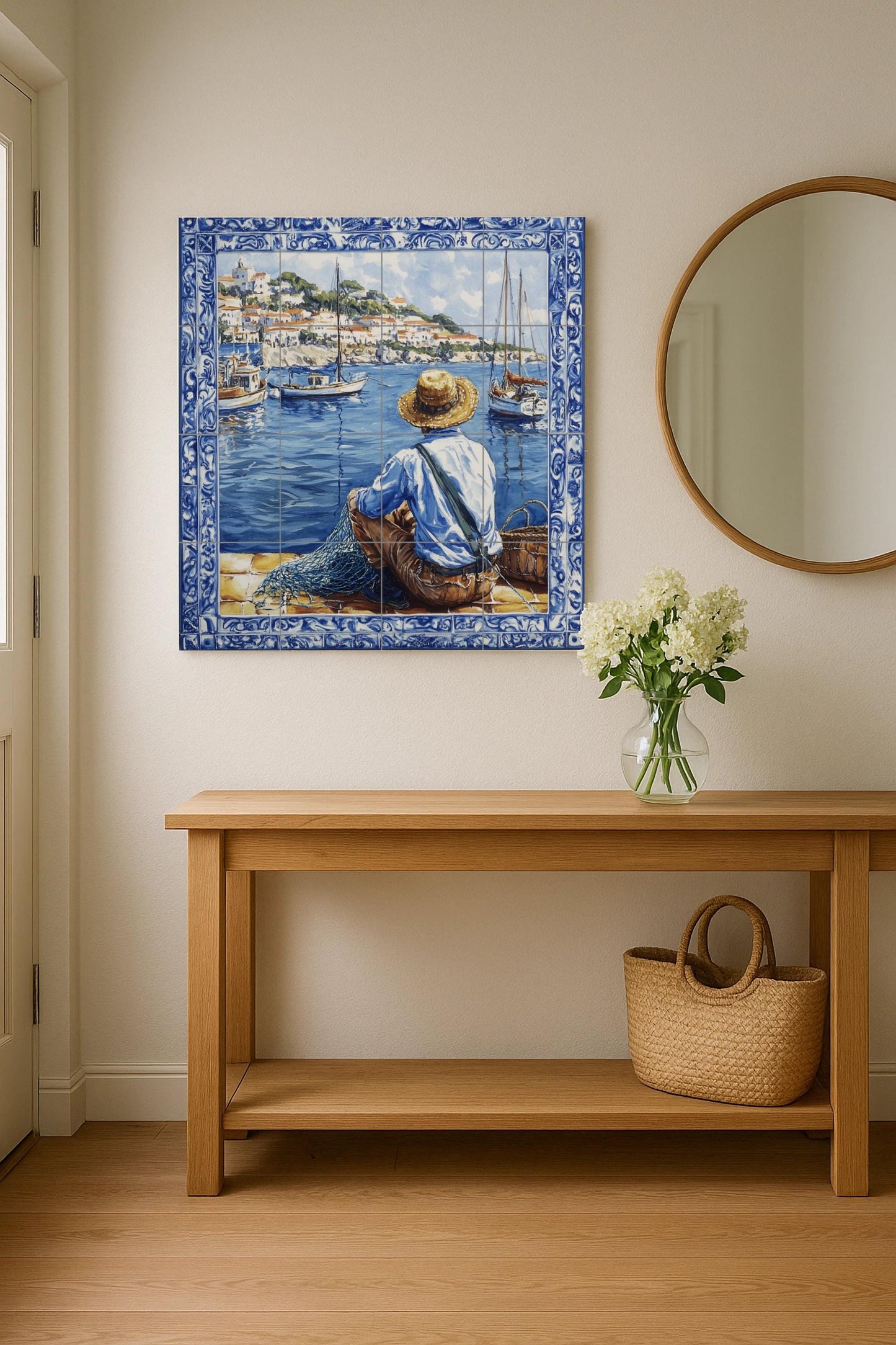 Ceramic mural from the Adriatic coast of Croatia: scene of fishermen and boats, inspired by Dubrovnik, Split, Rovinj and Hvar, Mediterranean heritage art.
