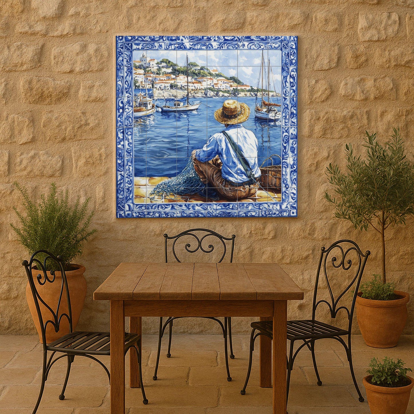 Ceramic mural from the Adriatic coast of Croatia: scene of fishermen and boats, inspired by Dubrovnik, Split, Rovinj and Hvar, Mediterranean heritage art.