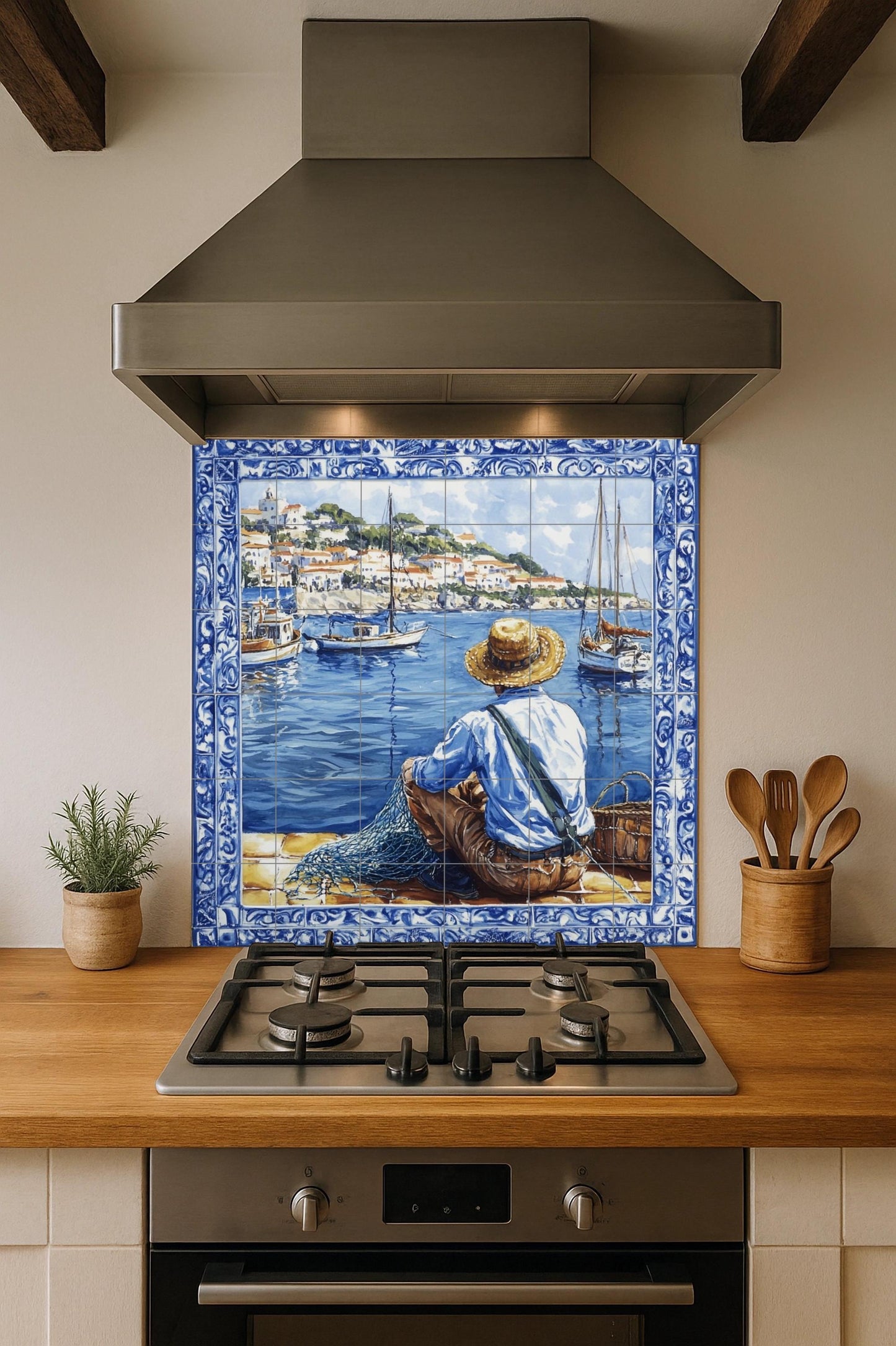 Ceramic mural from the Adriatic coast of Croatia: scene of fishermen and boats, inspired by Dubrovnik, Split, Rovinj and Hvar, Mediterranean heritage art.