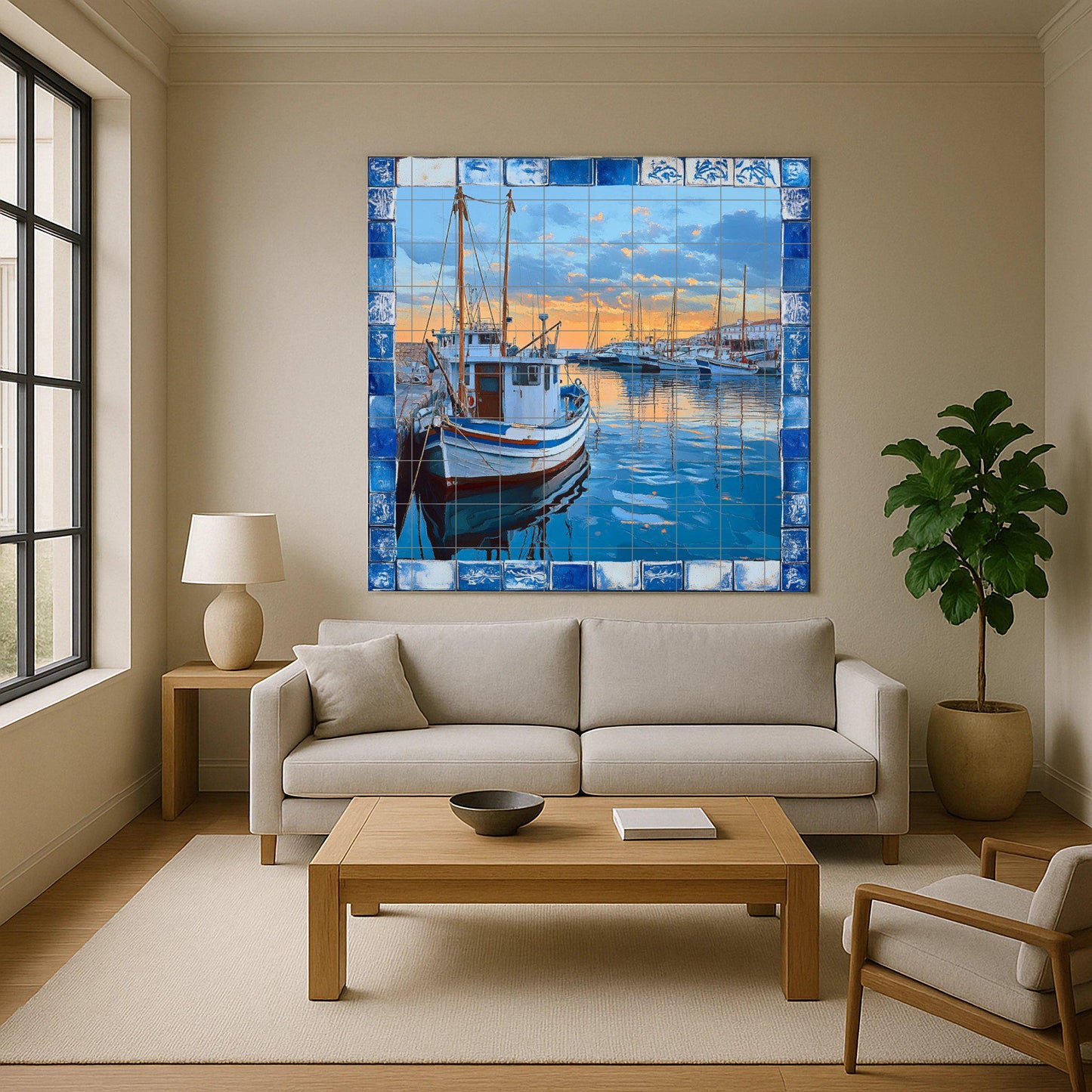Ceramic mural of the fishing port of the Costa Brava: scene of a boat with reflections of the sunset, inspired by Cadaqués, Palamós and Calella de Palafrugell