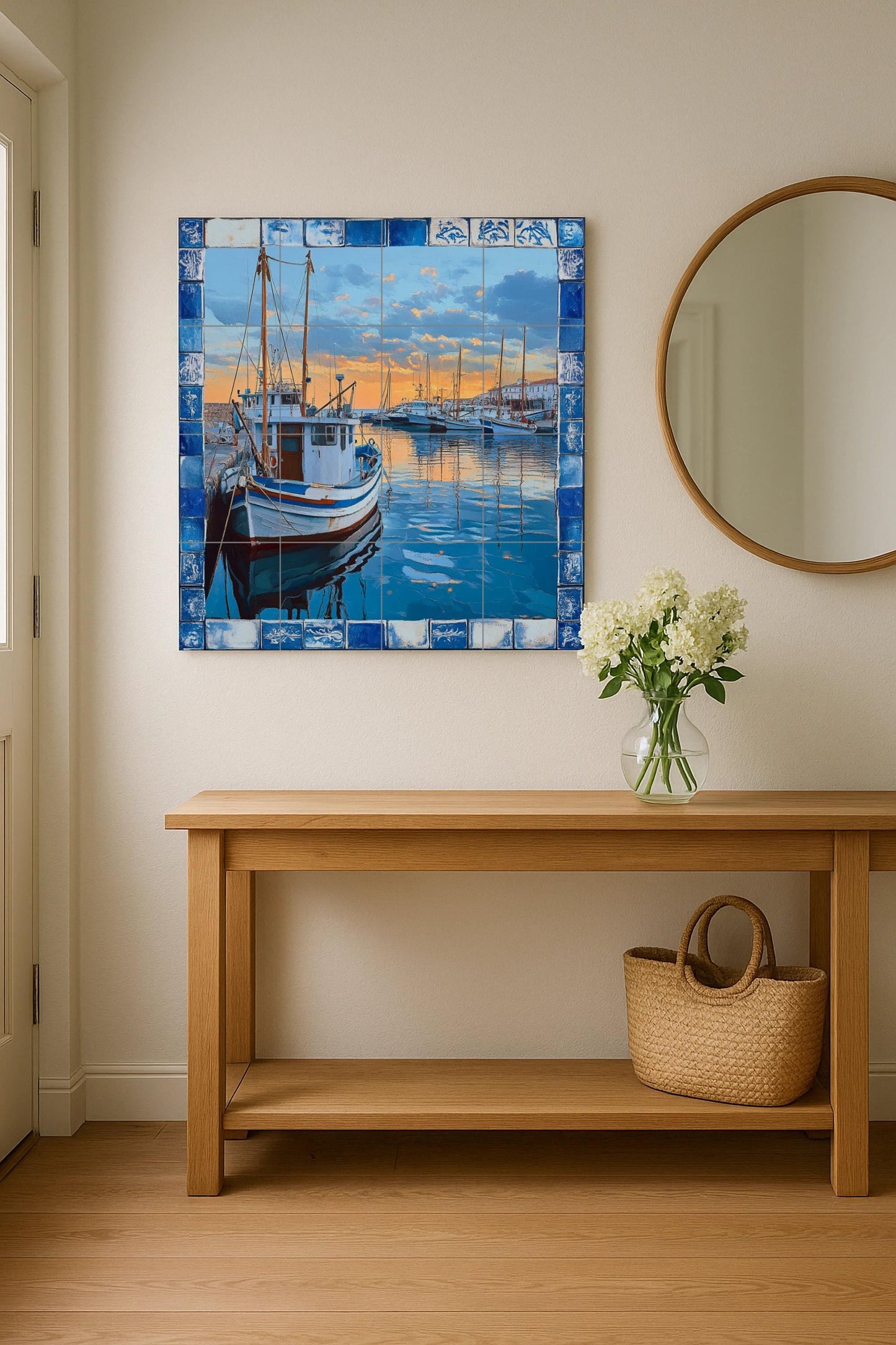 Ceramic mural of the fishing port of the Costa Brava: scene of a boat with reflections of the sunset, inspired by Cadaqués, Palamós and Calella de Palafrugell