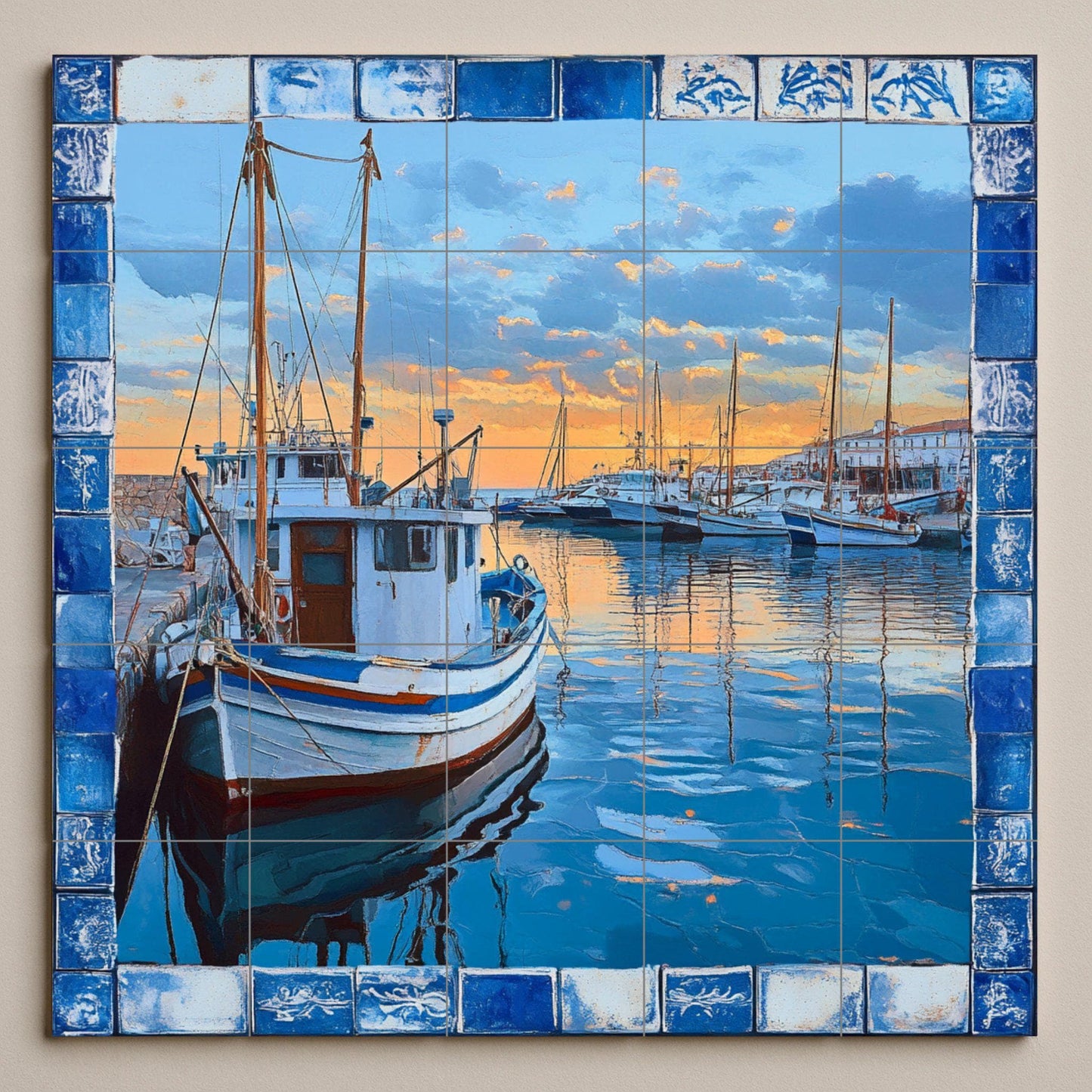 Ceramic mural of the fishing port of the Costa Brava: scene of a boat with reflections of the sunset, inspired by Cadaqués, Palamós and Calella de Palafrugell