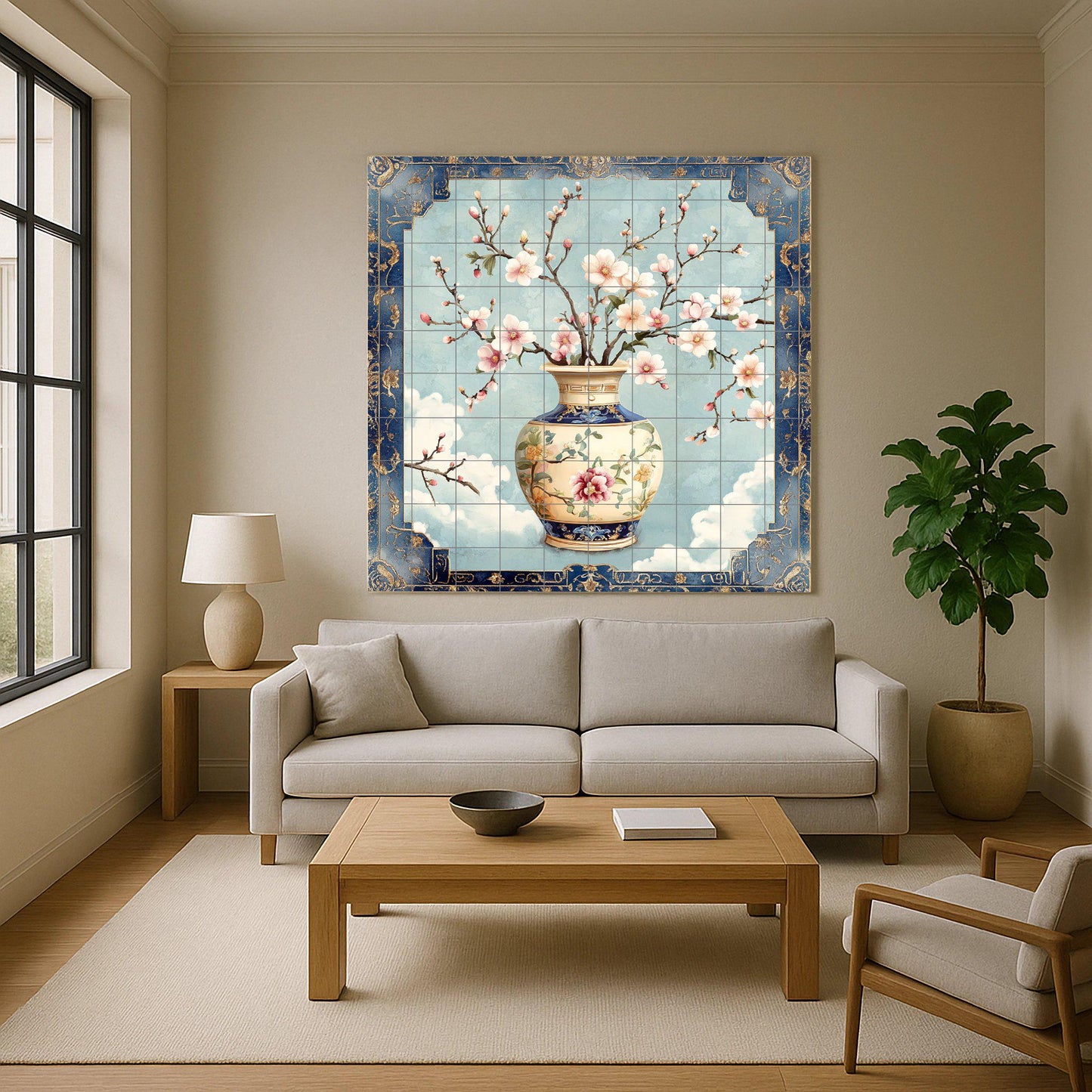Luxury ceramic mural with porcelain flowers: elegant blue and gold vase, a sophisticated oriental tile panel for refined interiors.